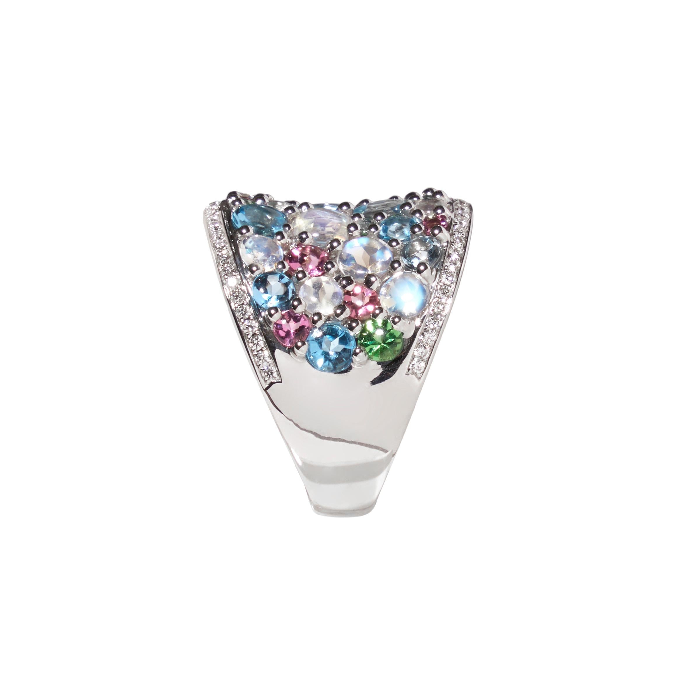 Round Cut 18 karat mixed gem ring with pink blue and rainbow moonstones For Sale