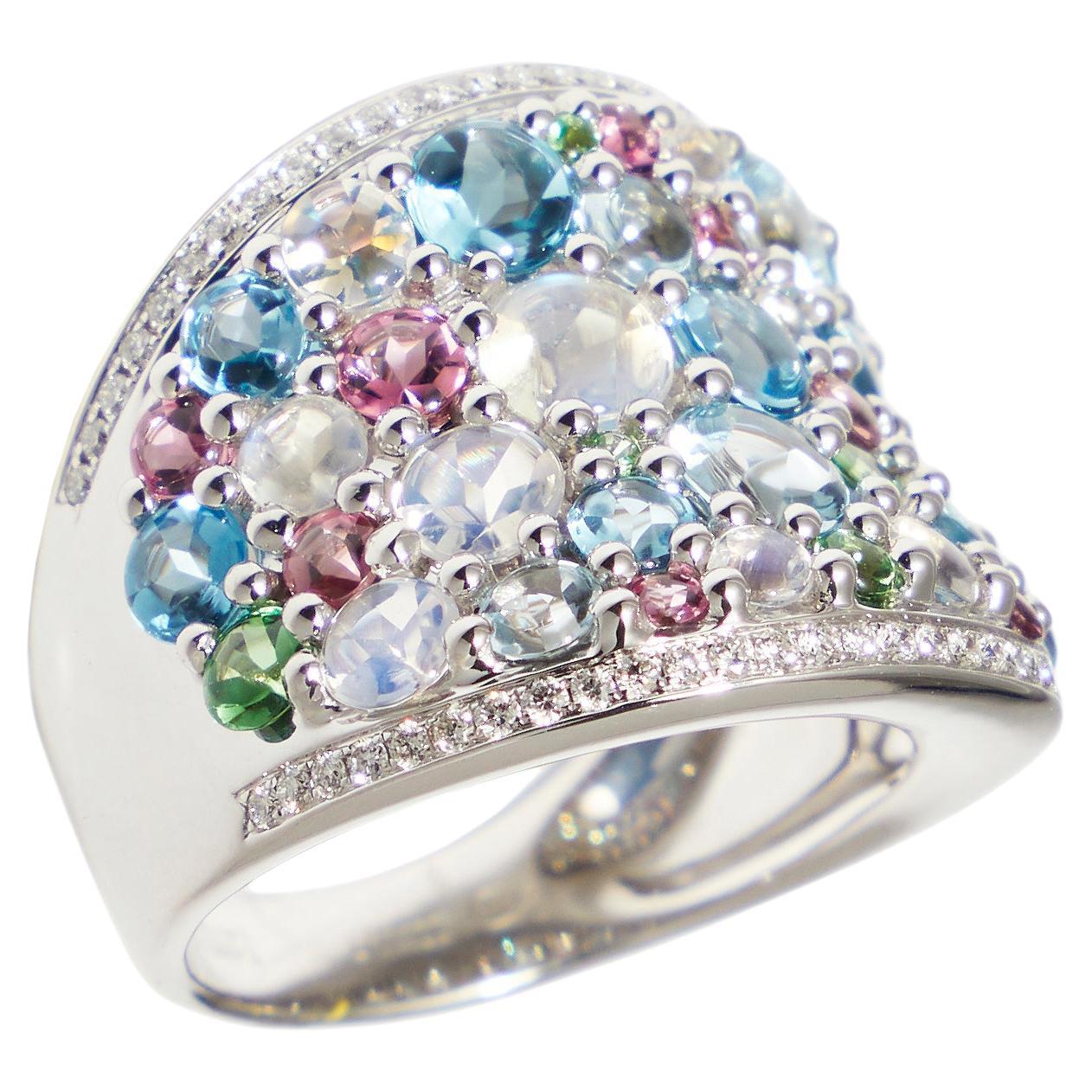 18 karat mixed gem ring with pink blue and rainbow moonstones