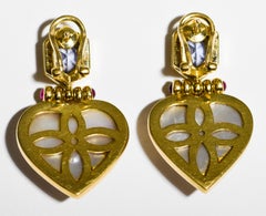 18 Karat Mobe Pearl, Blue Topaz and Ruby Pierced Earrings