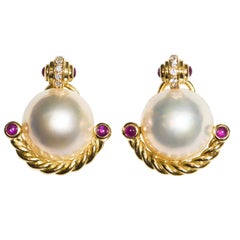 18 Karat Mobe Pearl, Cabochon Ruby and Diamonds Pierced Earrings Brand New