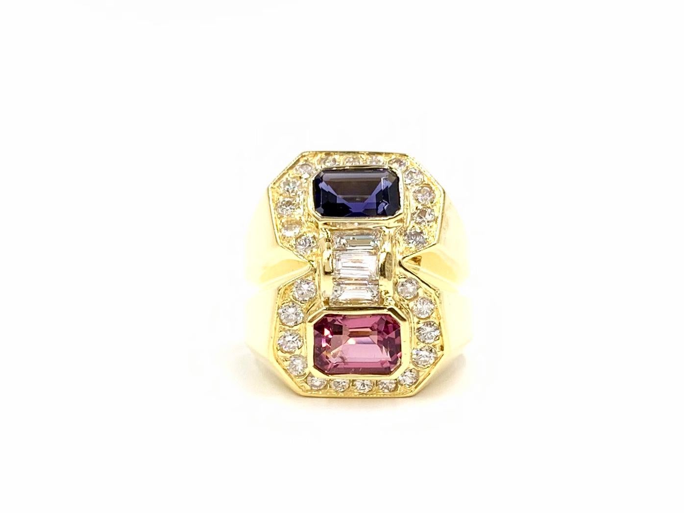 Very well made solid polished 18 karat yellow gold modern stacked moi et toi style ring featuring a vibrant pink tourmaline and deep purple-blue iolite and adorned with 1.13 carats of baguette and round brilliant cut diamonds. Diamond quality is