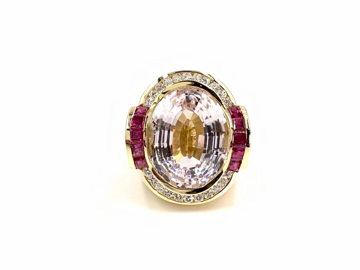 A fabulous vintage Charles Krypell 18 karat polished gold large cocktail ring featuring the beautifully unique semi-precious delicate light pastel pink gemstone Kunzite surrounded by round brilliant white diamonds and rich, vibrant rubies. Diamond