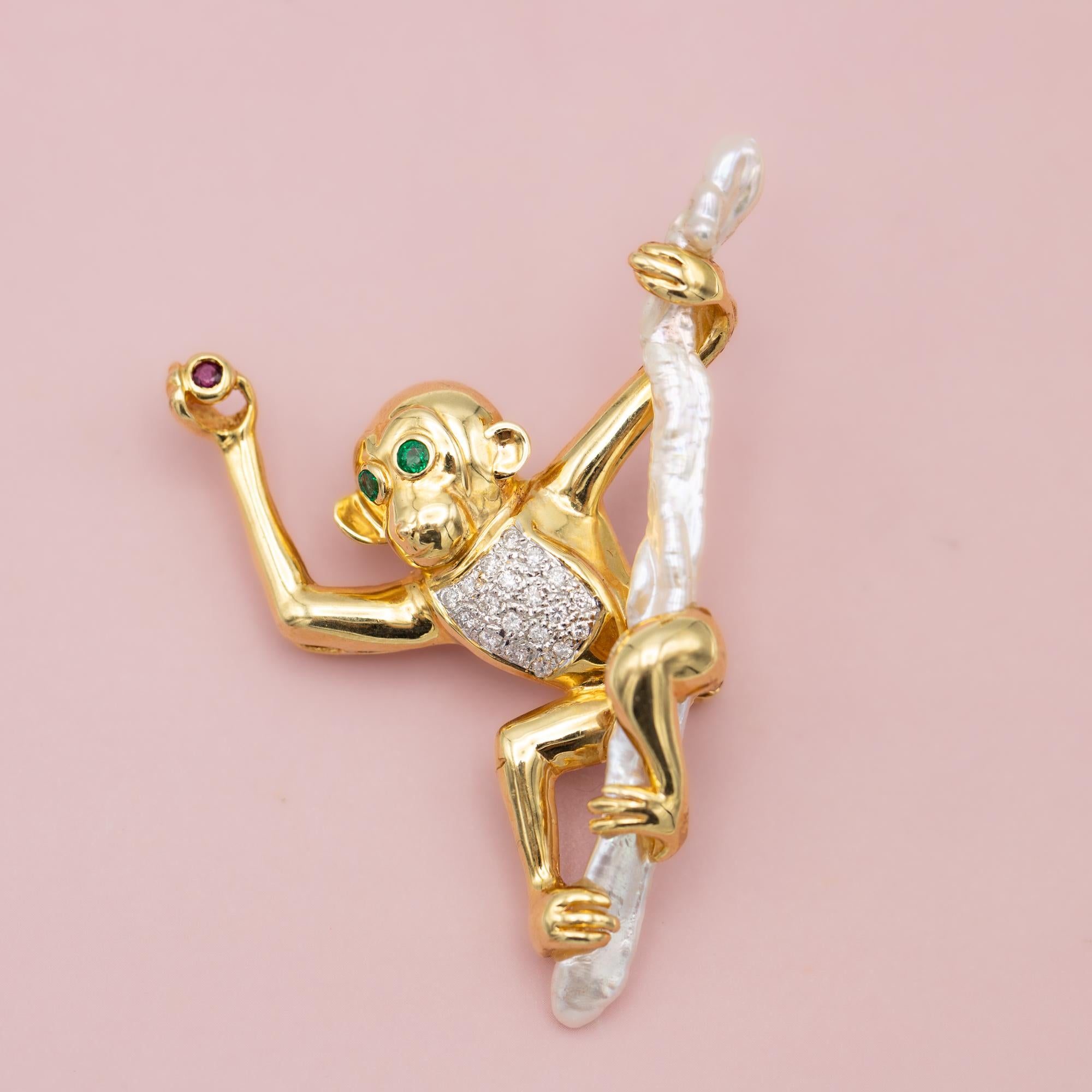 Modern 18 karat Monkey Brooch - solid yellow gold animal - Gem, pearl and diamond set