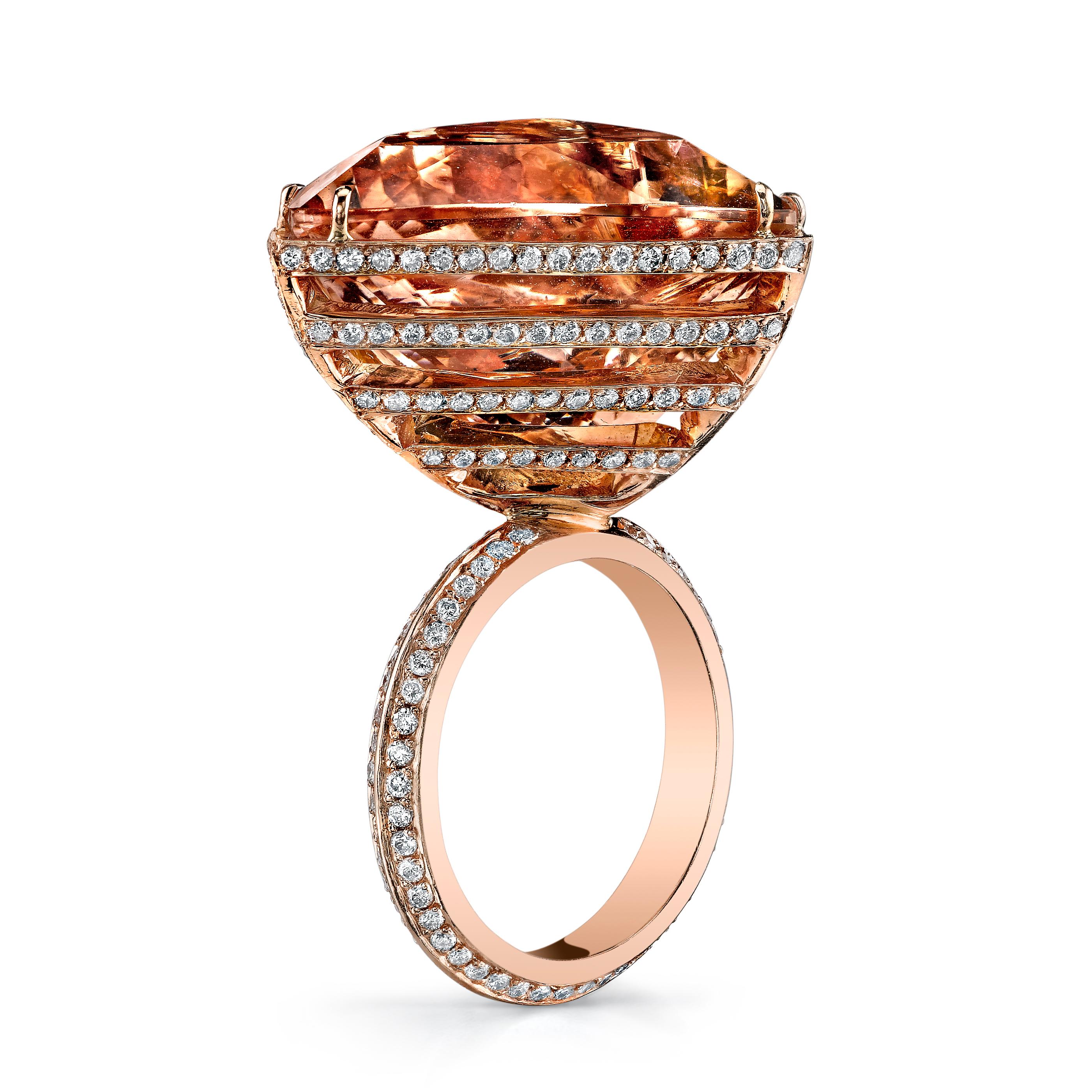 Contemporary Morganite Ark Ring in 18k Rose Gold with a series of Diamond Gallery Rails  For Sale