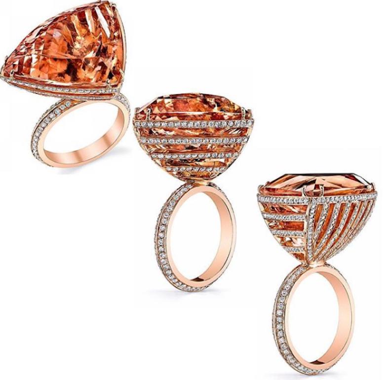 Trillion Cut Morganite Ark Ring in 18k Rose Gold with a series of Diamond Gallery Rails  For Sale