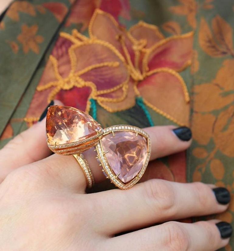 Morganite Ark Ring in 18k Rose Gold with a series of Diamond Gallery Rails  In New Condition For Sale In New York, NY