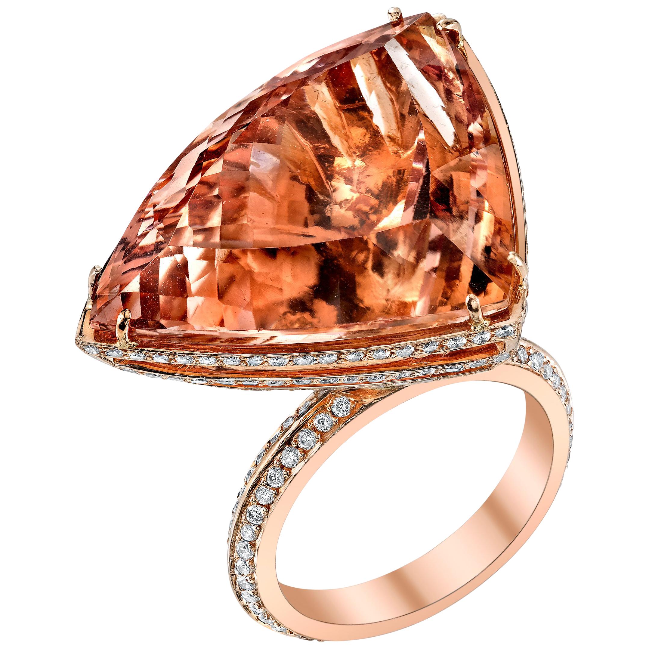 Morganite Ark Ring in 18k Rose Gold with a series of Diamond Gallery Rails  For Sale