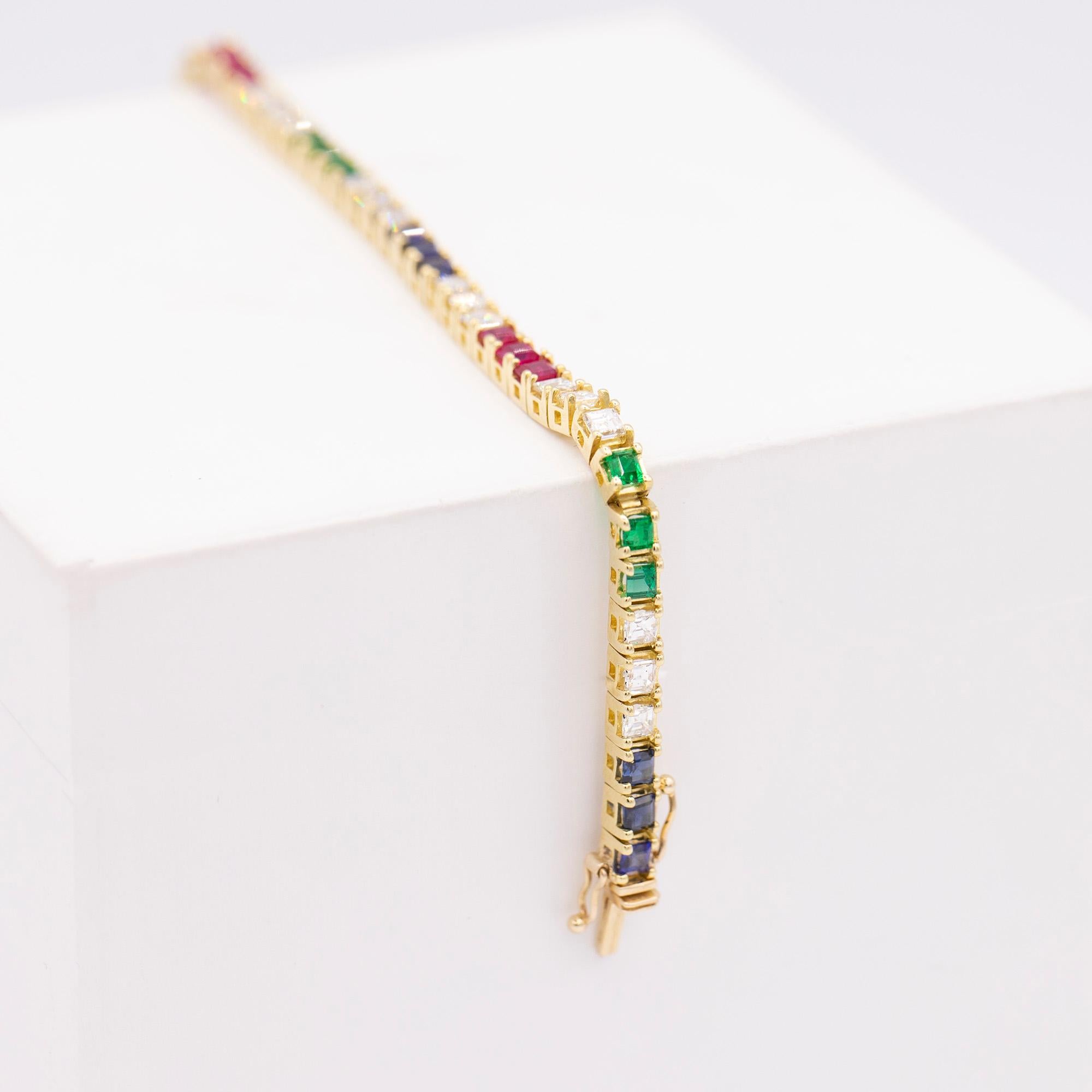 Modern 18 Karat Multi-Gem & Diamond Line Bracelet For Sale