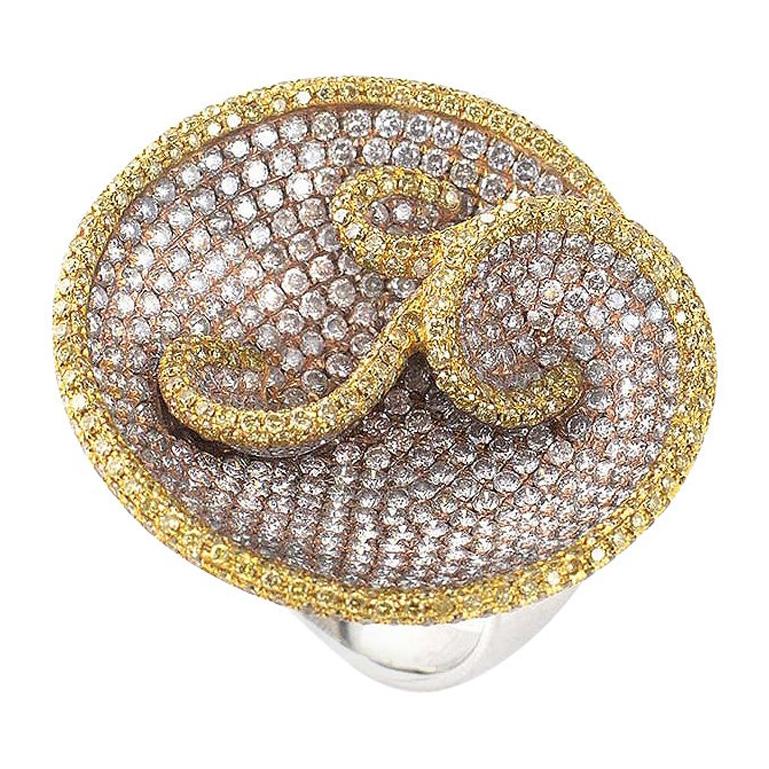 18 Karat Multi Gold and Diamond Swirl Ring For Sale