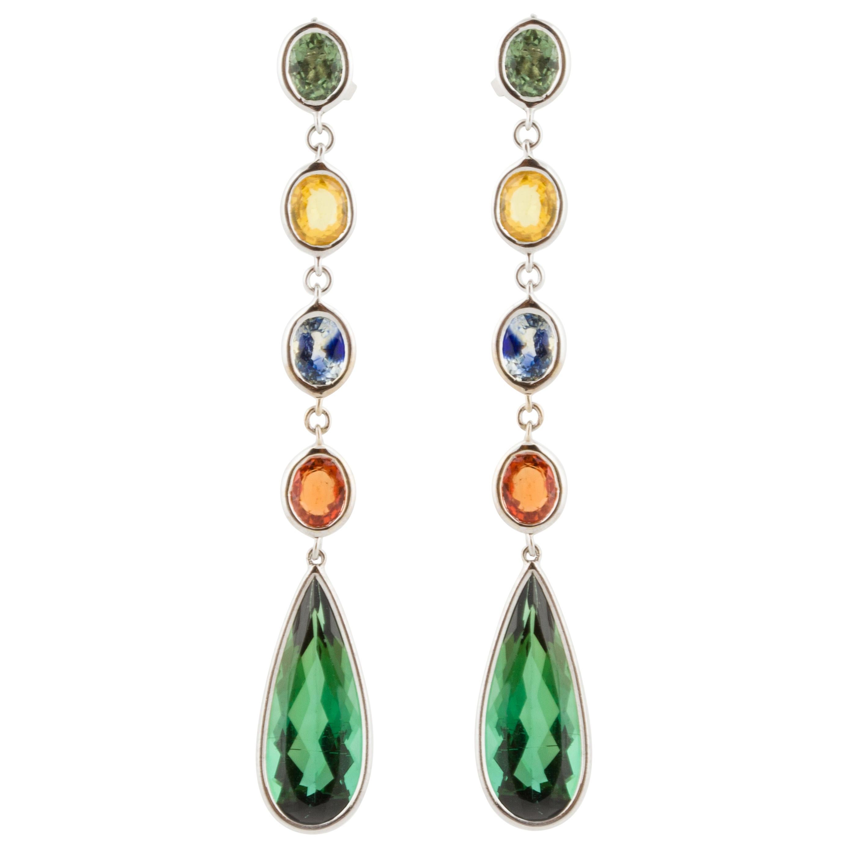 Multi-Colored Sapphire and Tourmaline Drop Earrings in 18K White Gold For Sale
