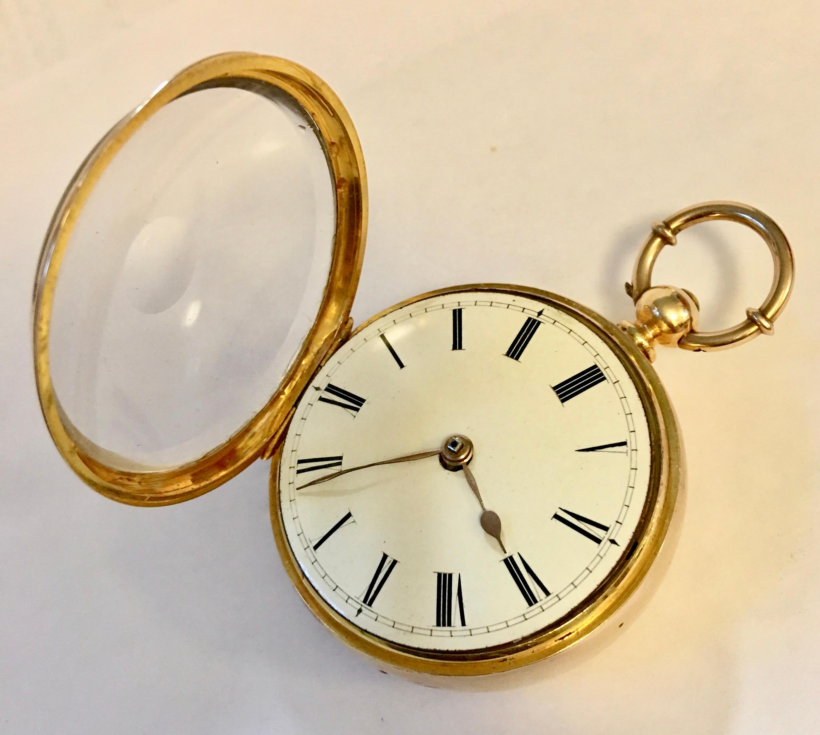 A superb quality 14-karat gold musical repeater pocket watch. In excellent working conditions with all original parts. A clean white enamel face with Roman numerals, gold arrowed hands. The watch sits within the gold open faced case with a hinge