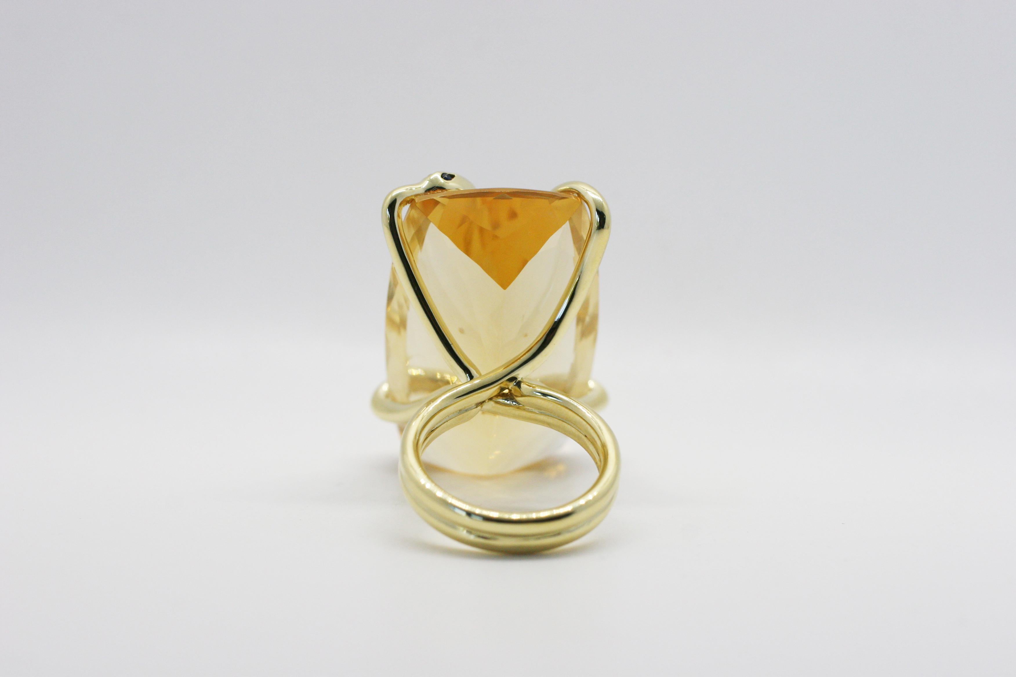 Contemporary 18 Karat Natural Citrine Sapphire Diamond Climbing Snake Ring  For Sale