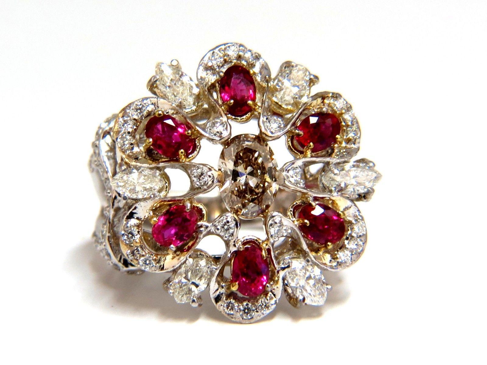 18 Karat Natural Fancy Color Diamond Ruby Cocktail Cluster Ring For Sale 1