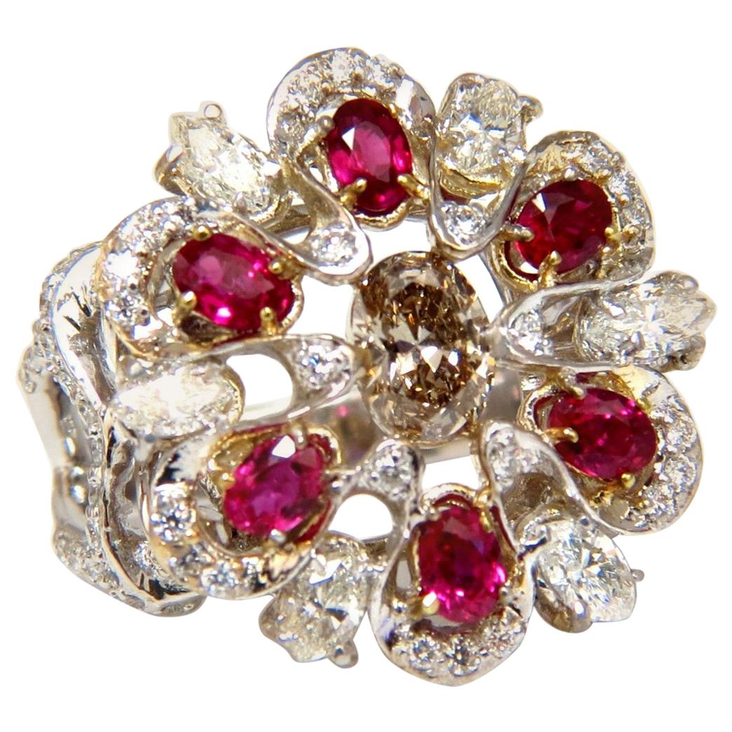 18 Karat Natural Fancy Color Diamond Ruby Cocktail Cluster Ring For Sale
