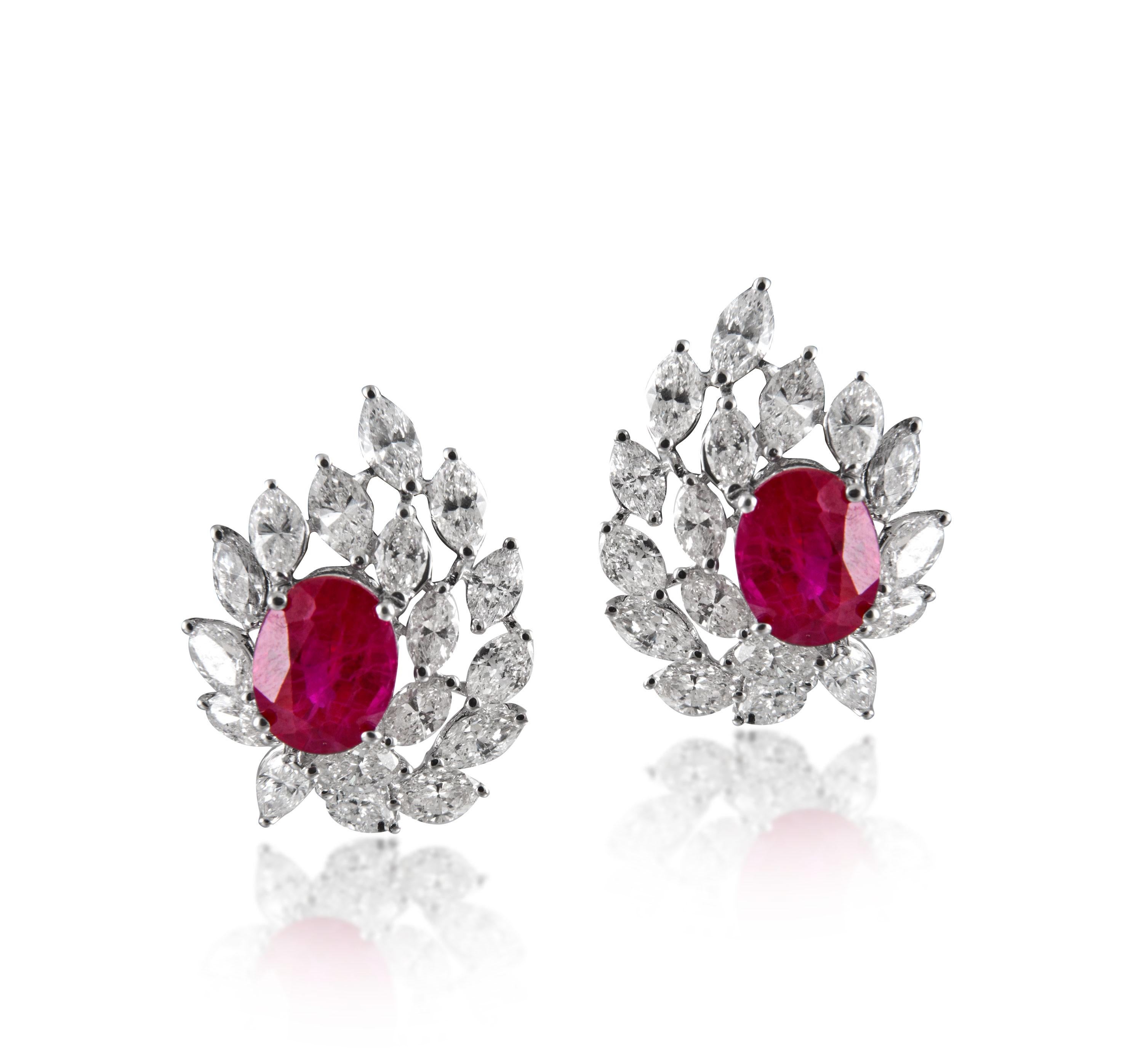 Mixed Cut 18 Karat Natural Ruby White Diamond Stud Earring For Sale