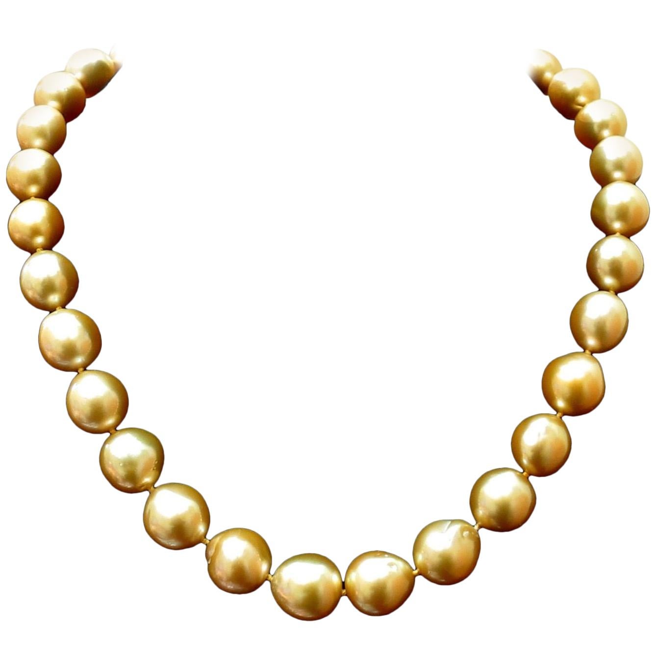 18 Karat Natural South Sea Yellow Pearls Necklace .50 Carat Diamond Clasp