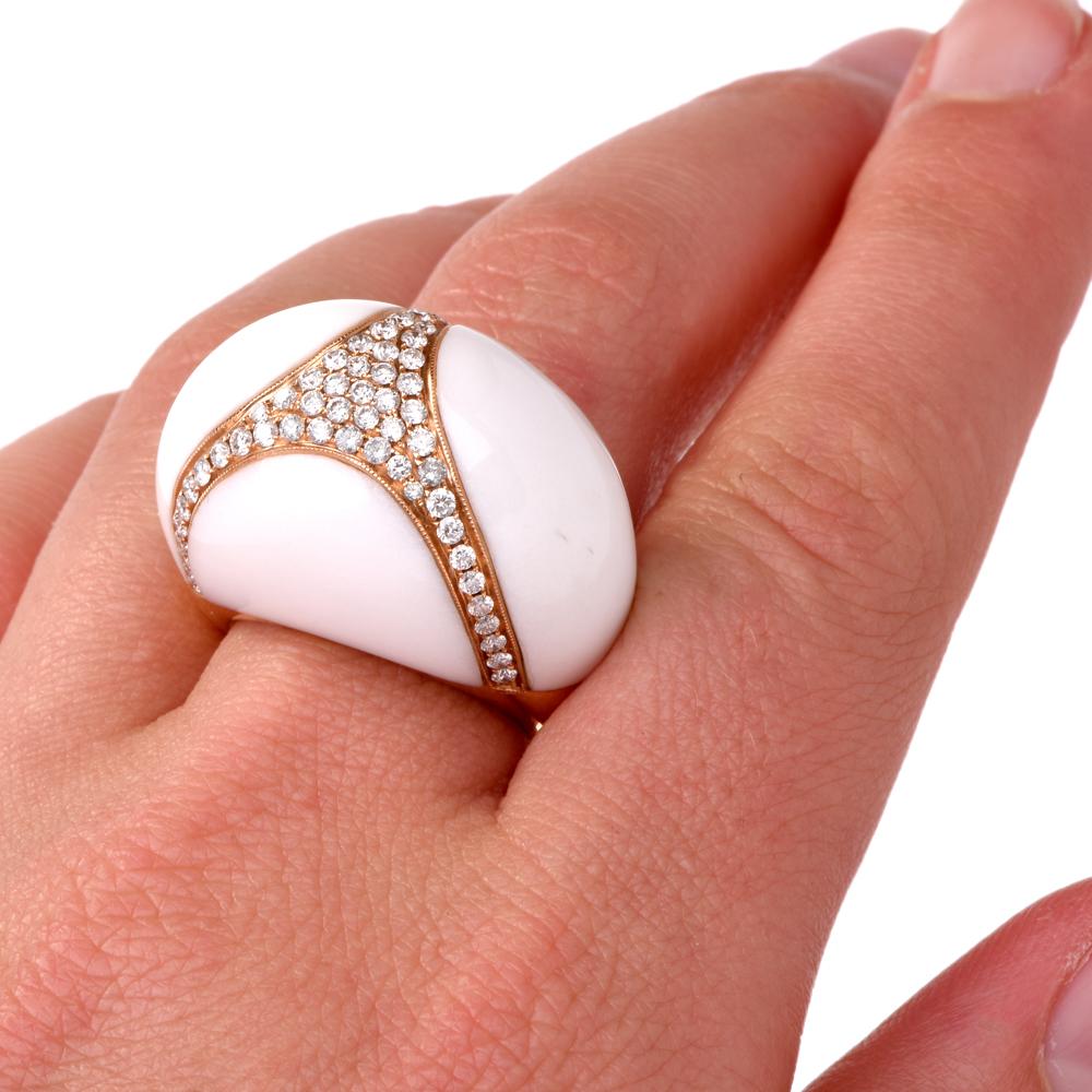 Women's 18 Karat Natural White Coral Diamond Gold Bombe Cocktail Ring