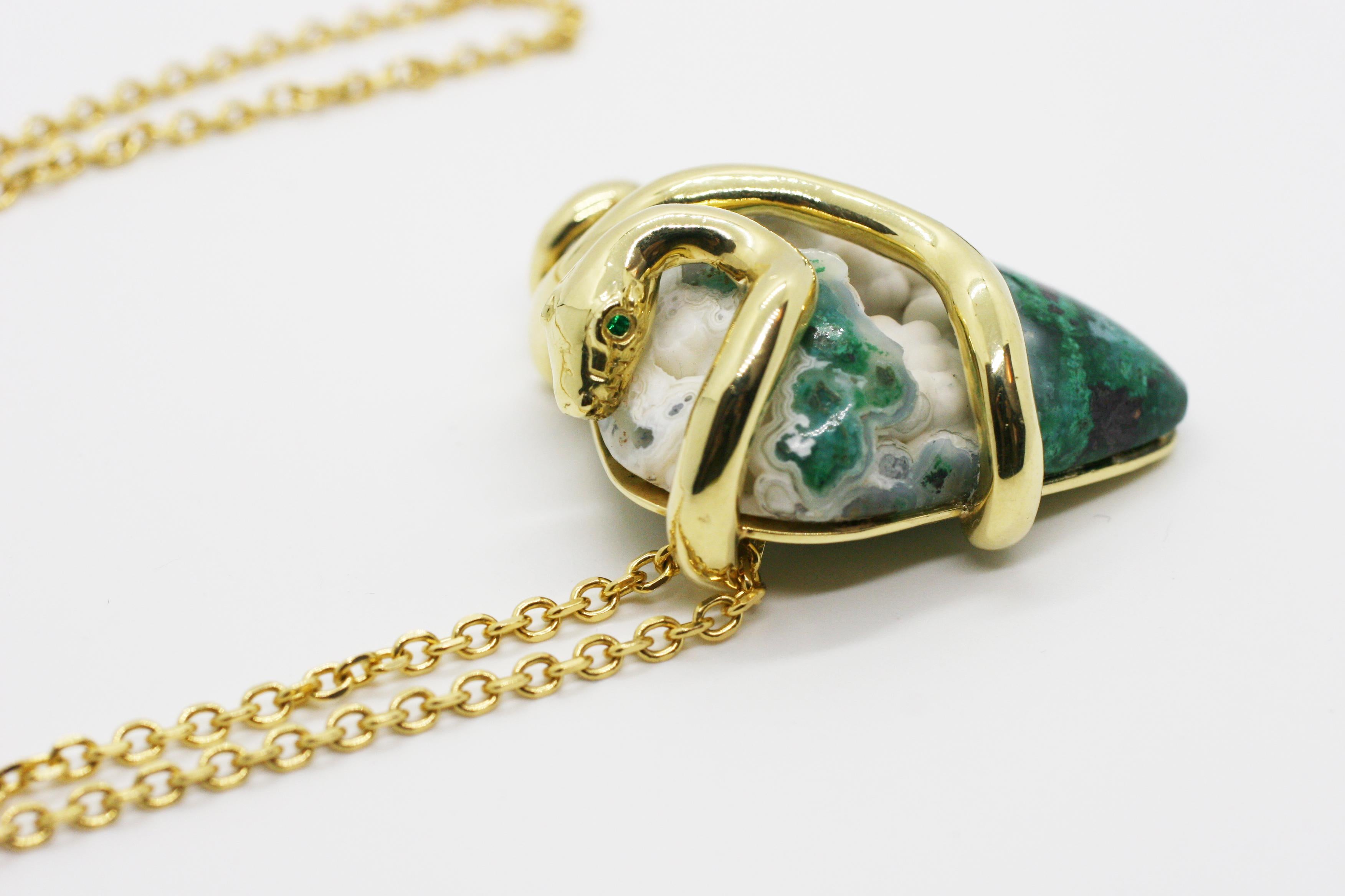  18 Karat One of A Kind LargeAustralian Chrysocolla Snake Pendant Chain Necklace In New Condition For Sale In West Hollywood, CA