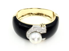 18 Karat Onyx, Diamond and South Sea Pearl Wide Bangle Bracelet
