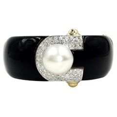 Retro 18 Karat Onyx, Diamond and South Sea Pearl Wide Bangle Bracelet