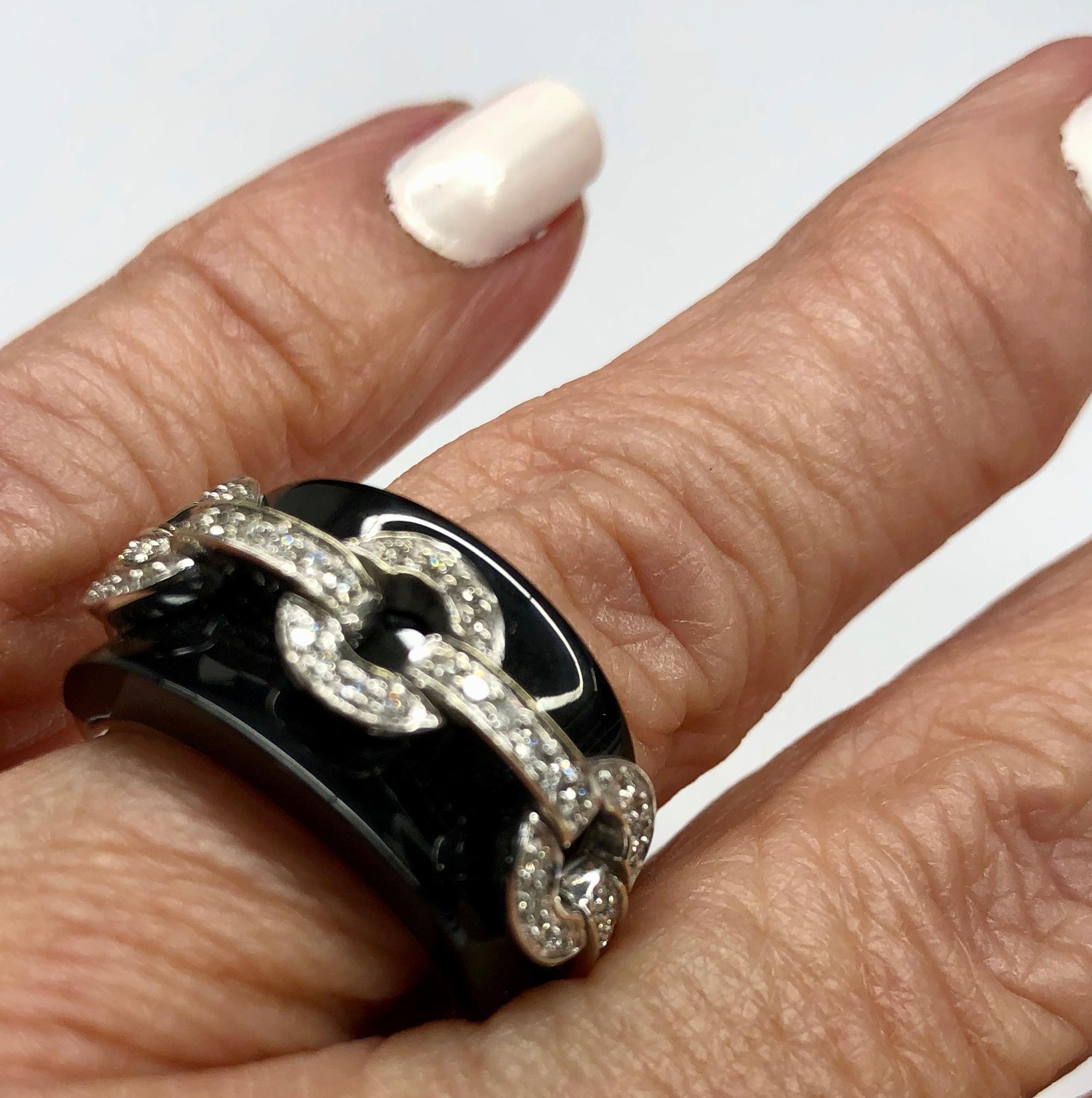 Women's 18K White Gold Black Onyx and Diamond Ring For Sale
