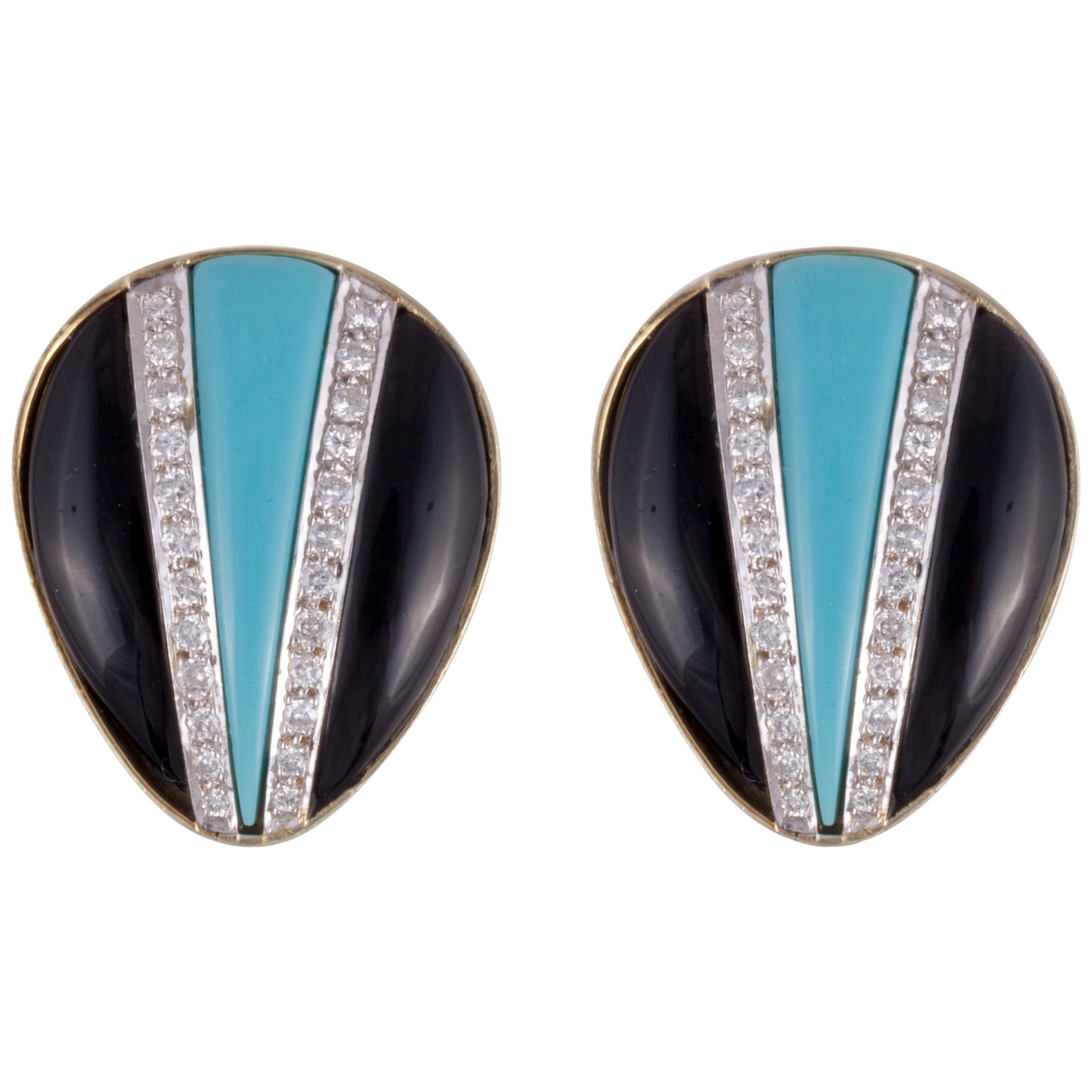  18K Two-Tone Onyx Turquoise and Diamond Earrings