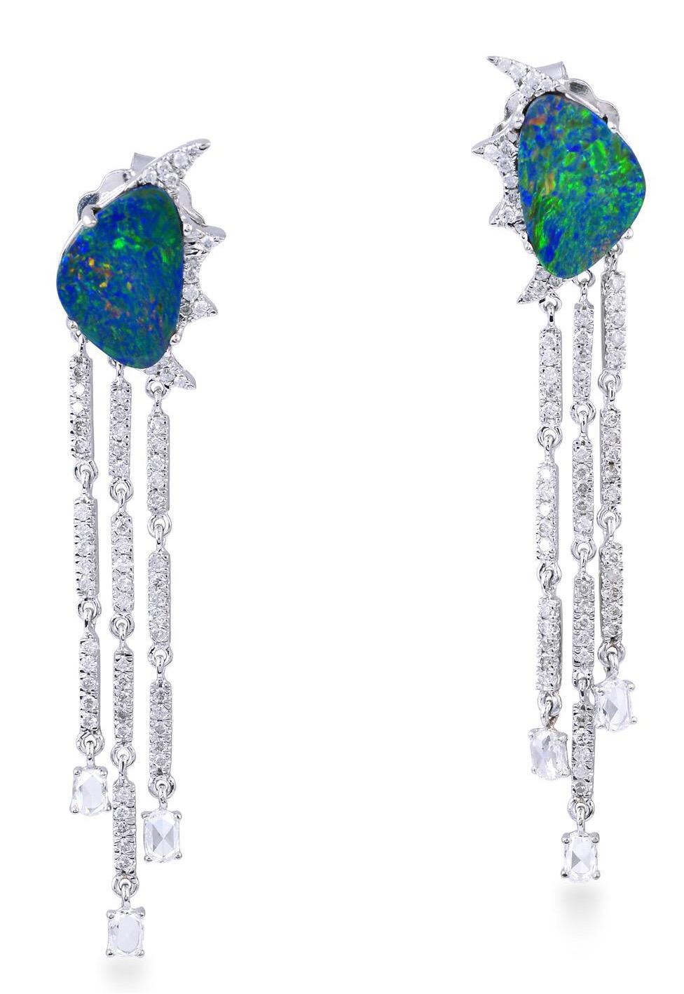 Mixed Cut Opal Chain Drop 18 Karat Gold Diamond Earrings For Sale