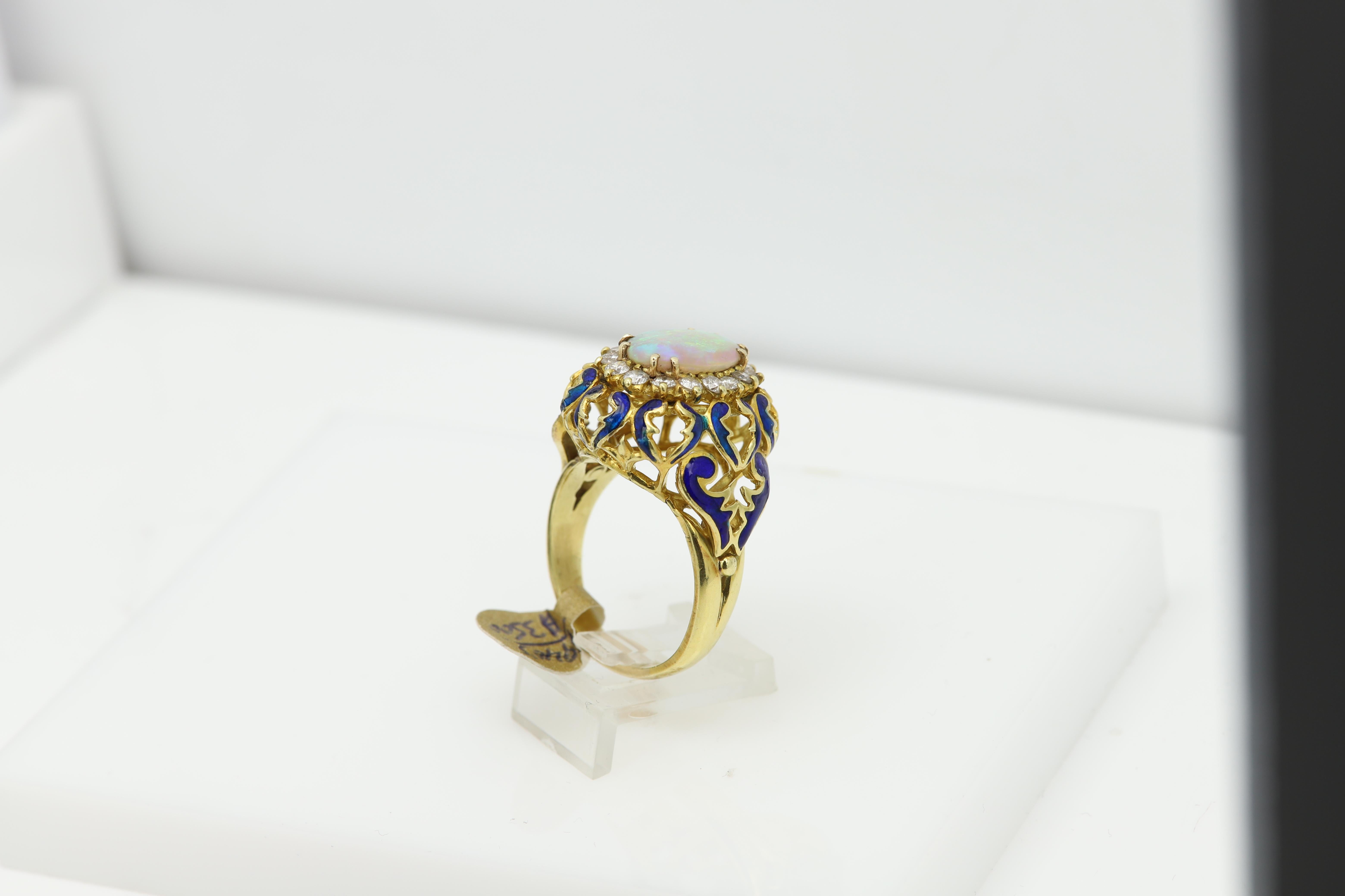 18 Karat Opal Diamonds and Enamel Vintage Ring Filigree Design Blue Enamel For Sale 5