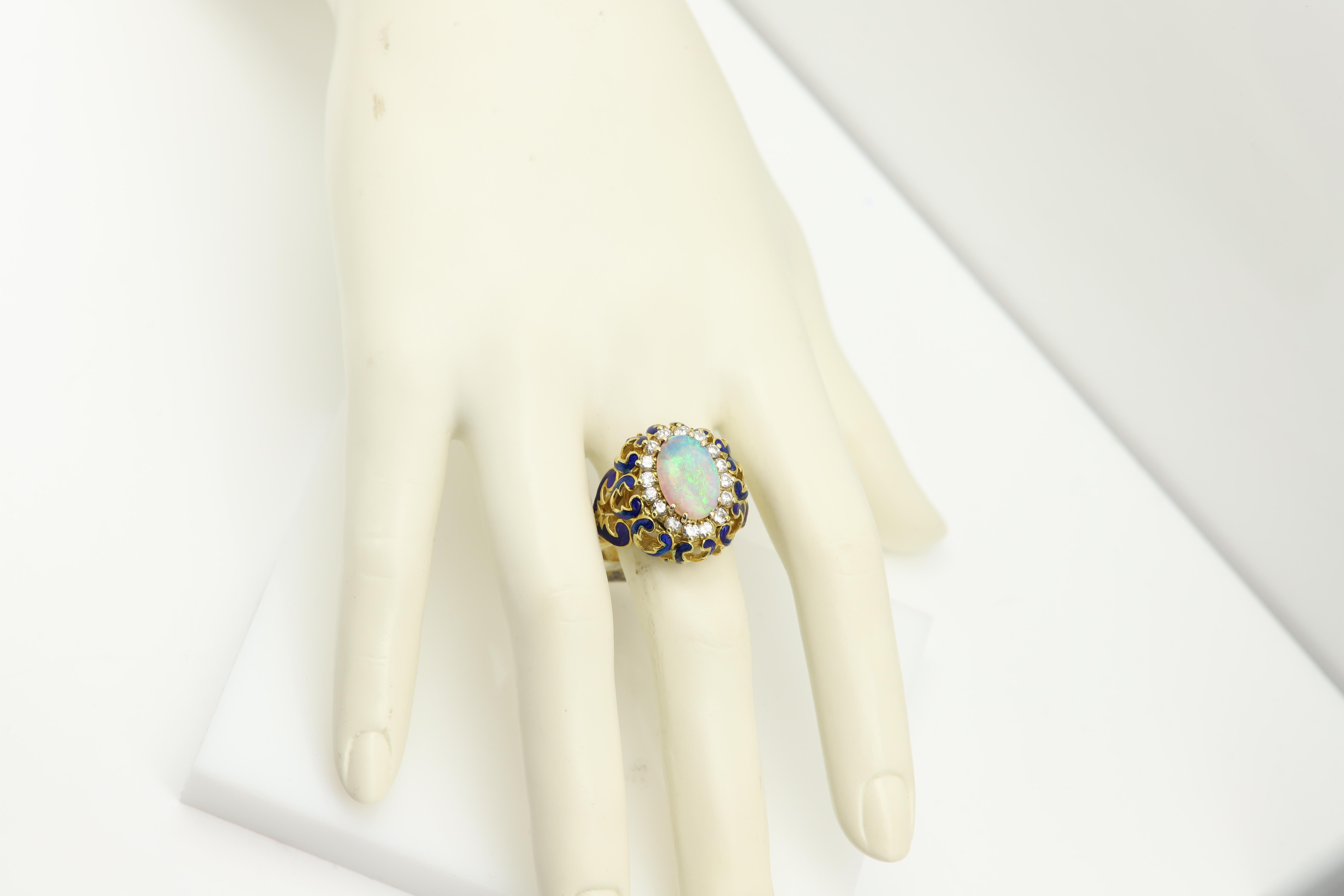 18 Karat Opal Diamonds and Enamel Vintage Ring Filigree Design Blue Enamel For Sale 6