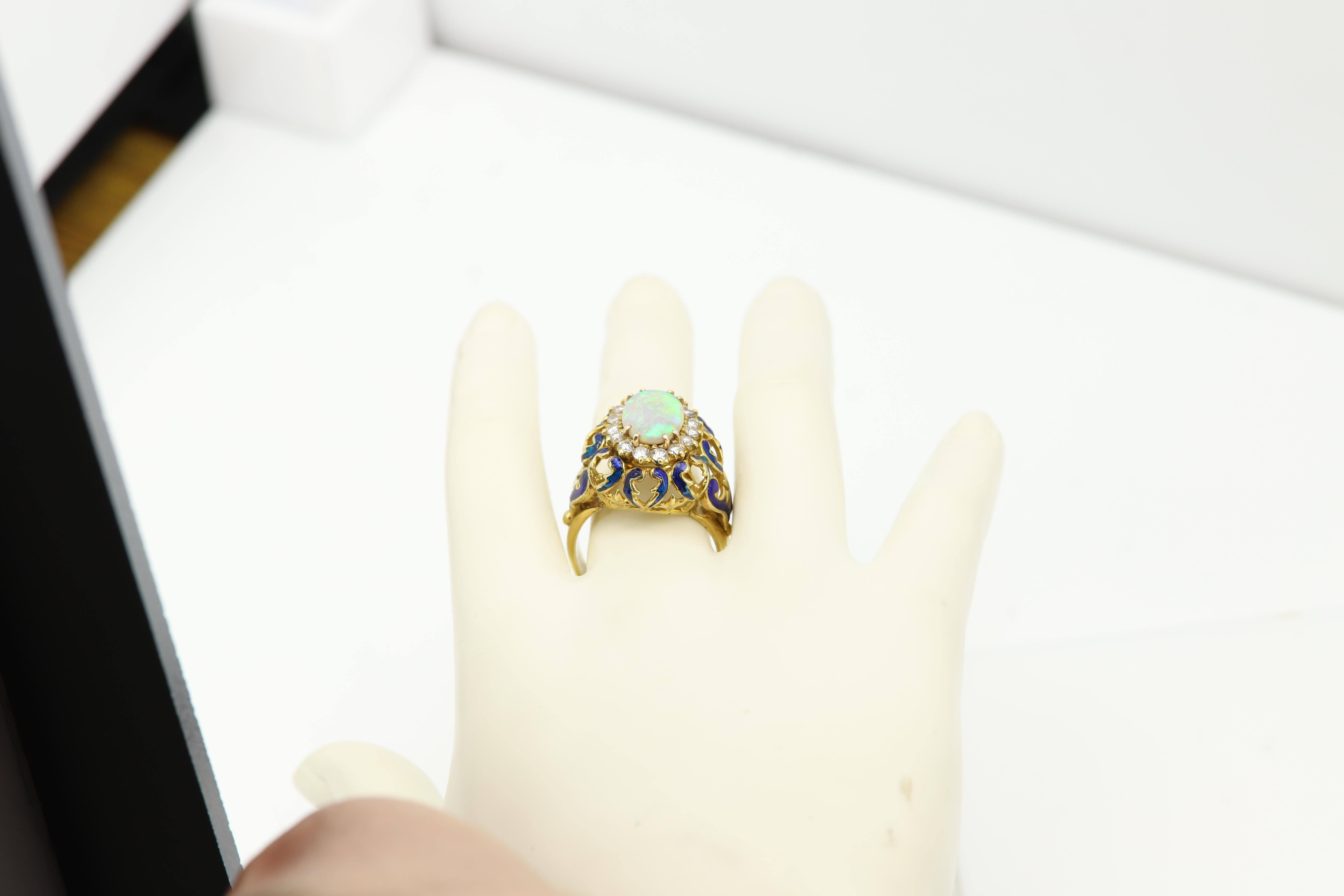 18 Karat Opal Diamonds and Enamel Vintage Ring Filigree Design Blue Enamel For Sale 7