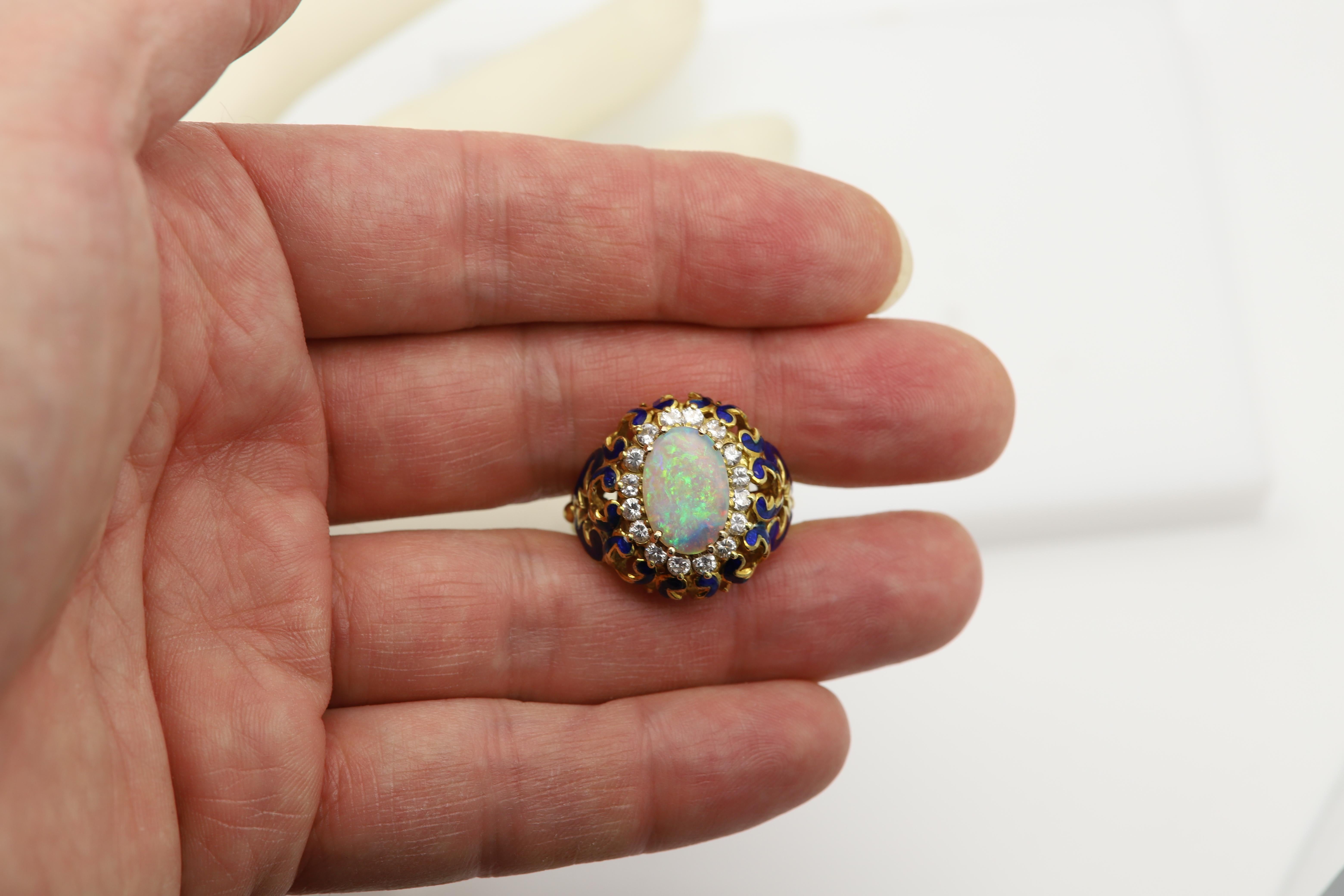 18 Karat Opal Diamonds and Enamel Vintage Ring Filigree Design Blue Enamel For Sale 8