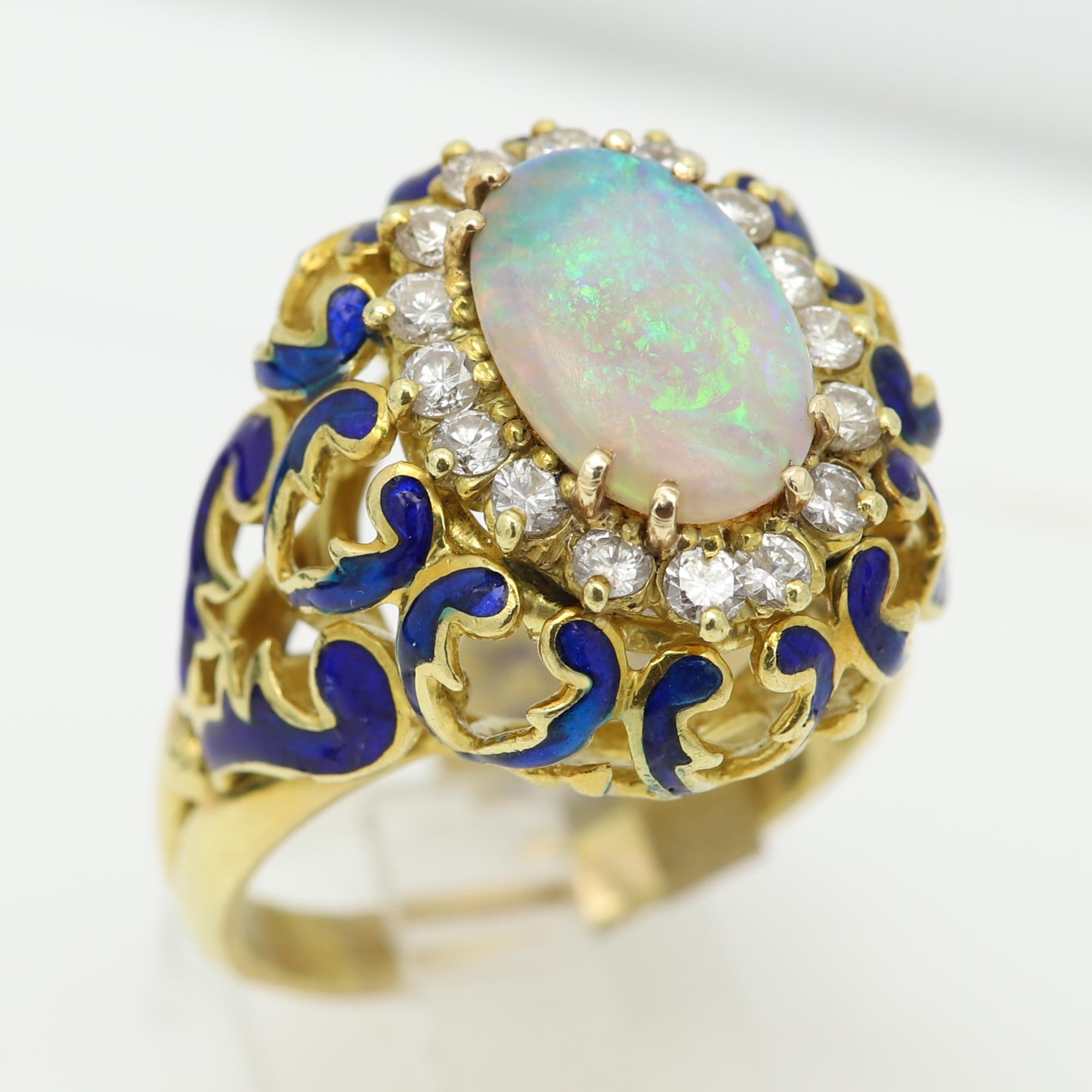 18 Karat Opal Diamonds and Enamel Vintage Ring Filigree Design Blue Enamel For Sale 9