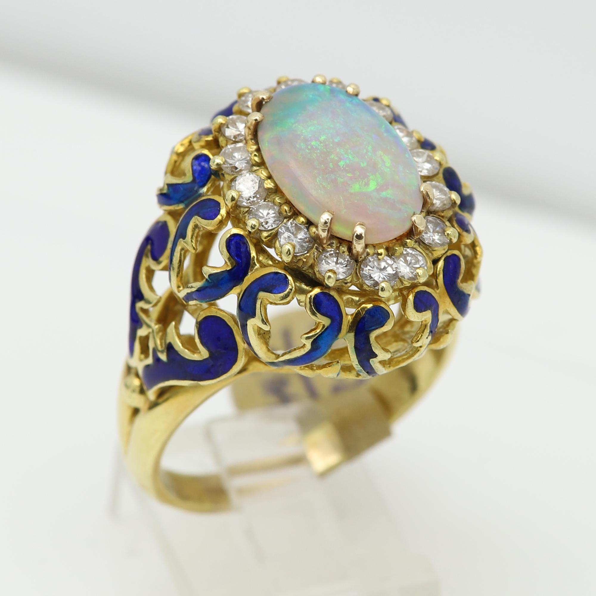 18 Karat Opal Diamonds and Enamel Vintage Ring Filigree Design Blue Enamel For Sale 10