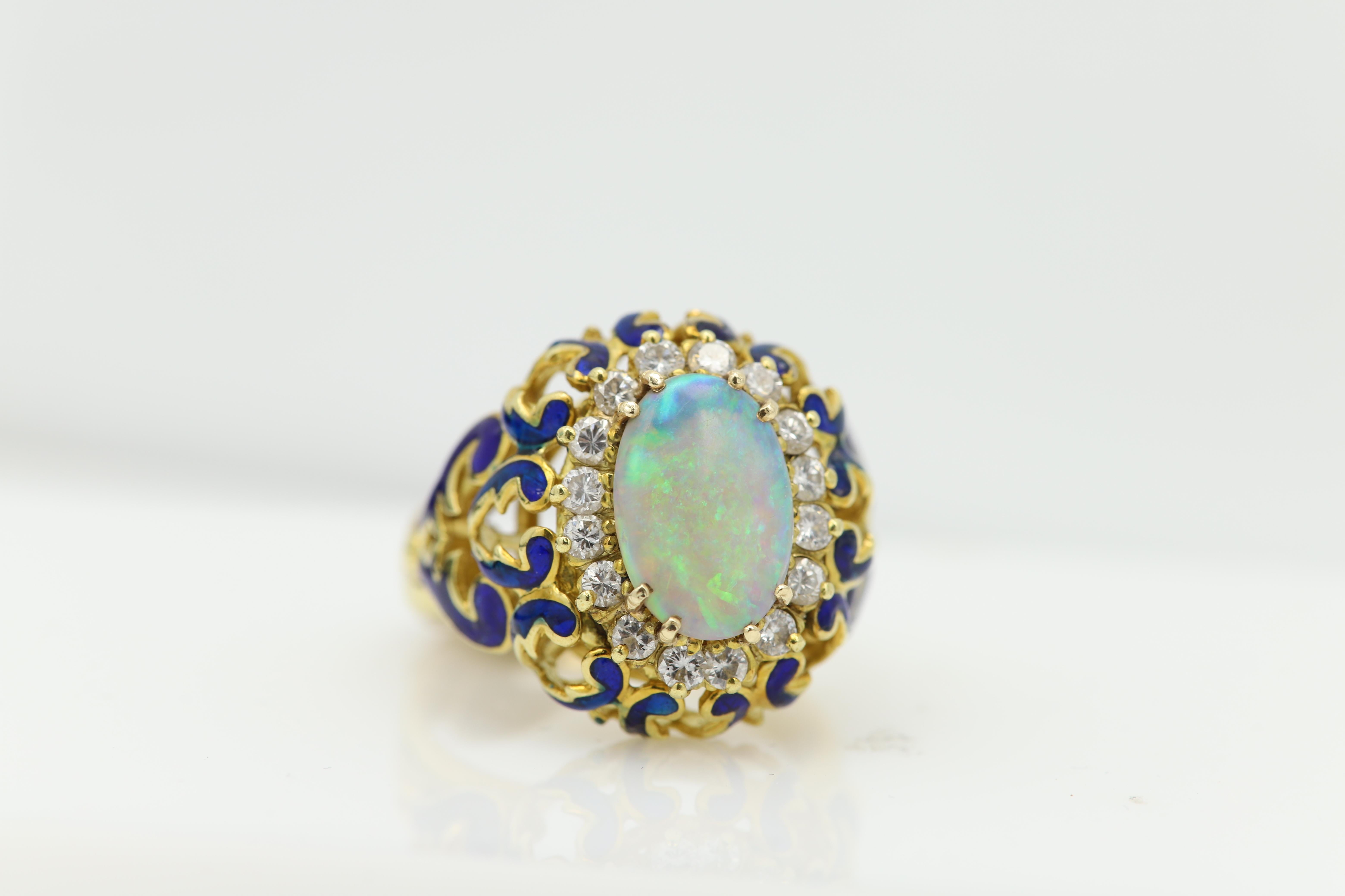 18 Karat Opal Diamonds and Enamel Vintage Ring Filigree Design Blue Enamel In Good Condition For Sale In Brooklyn, NY