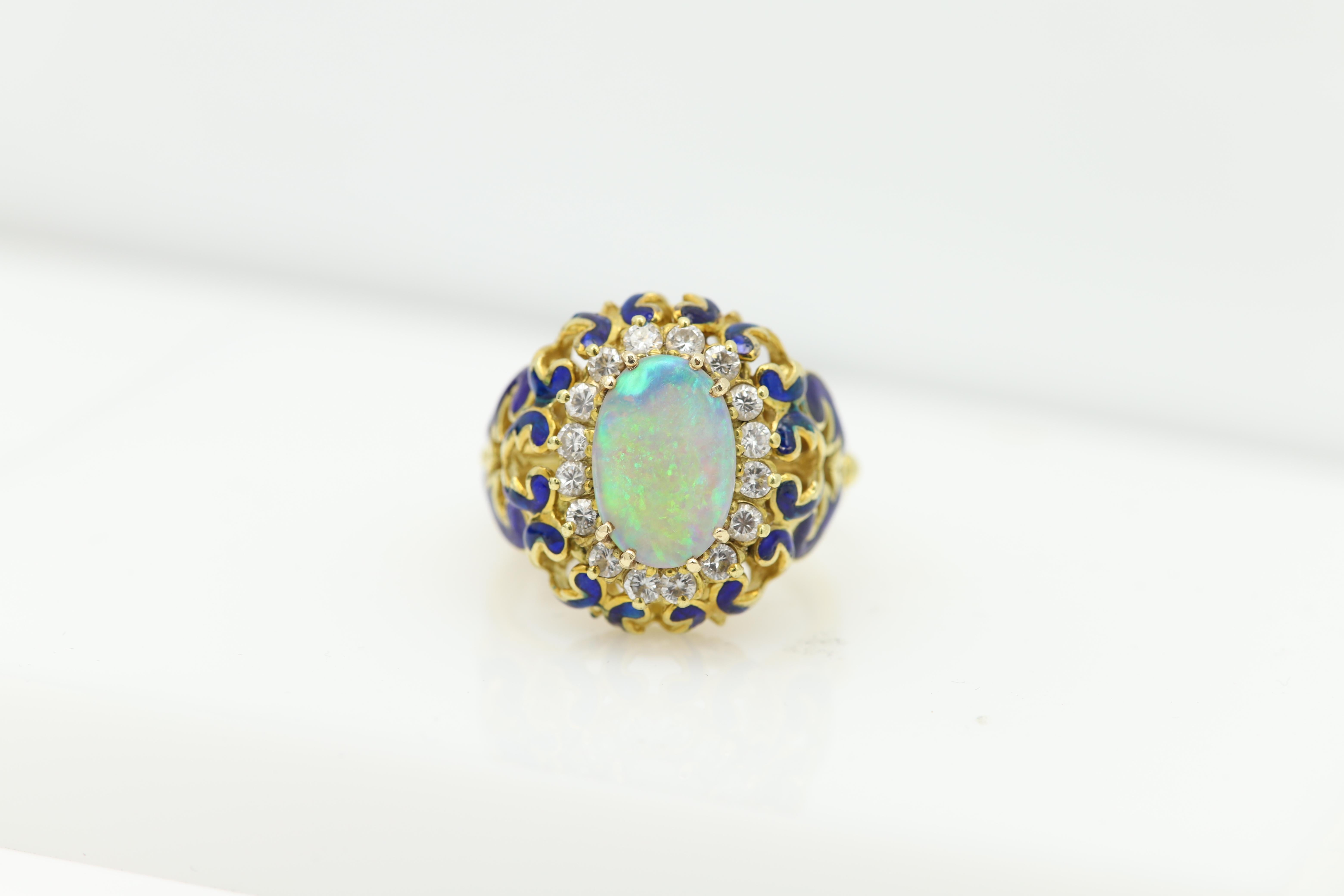 Women's or Men's 18 Karat Opal Diamonds and Enamel Vintage Ring Filigree Design Blue Enamel For Sale