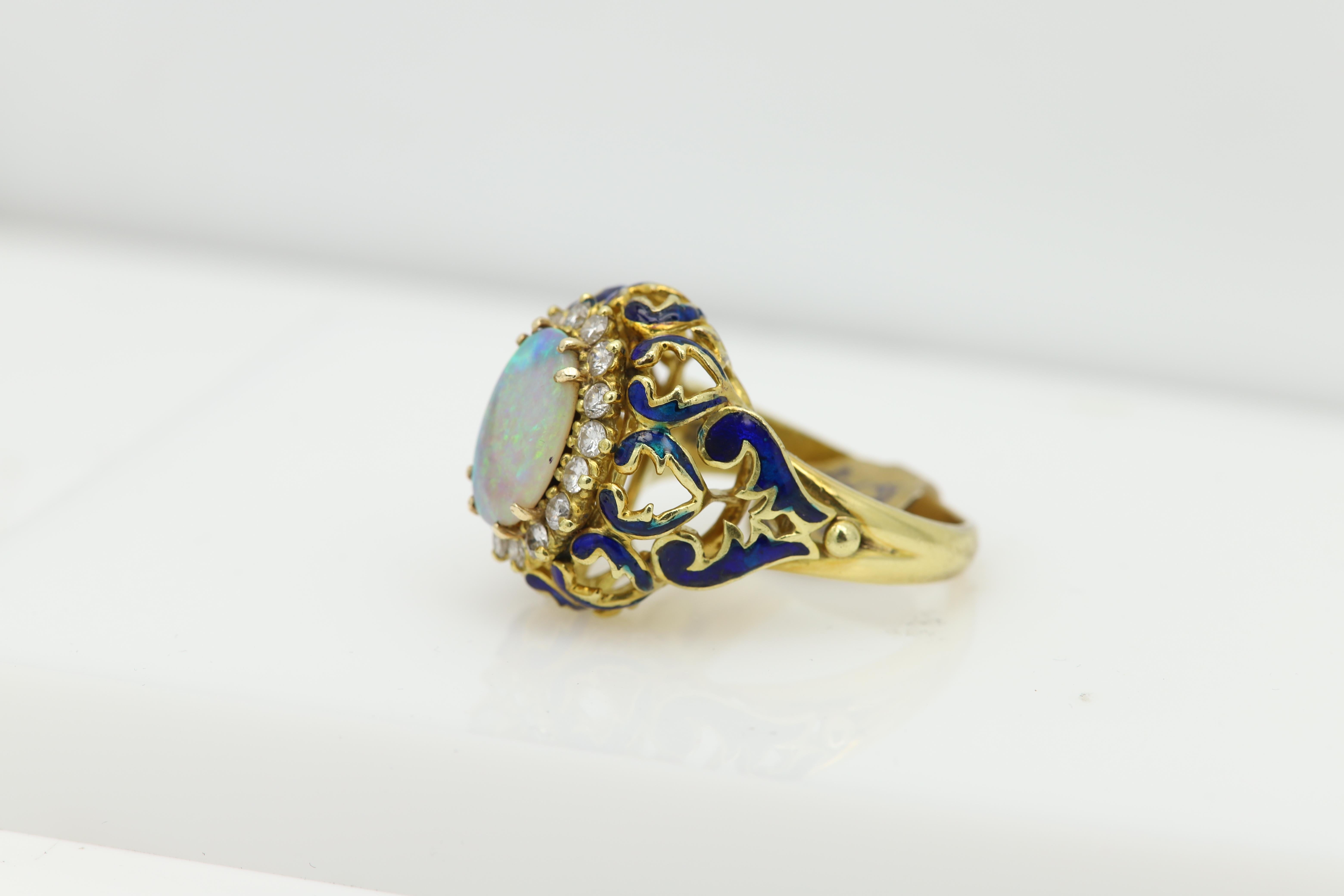 18 Karat Opal Diamonds and Enamel Vintage Ring Filigree Design Blue Enamel For Sale 1