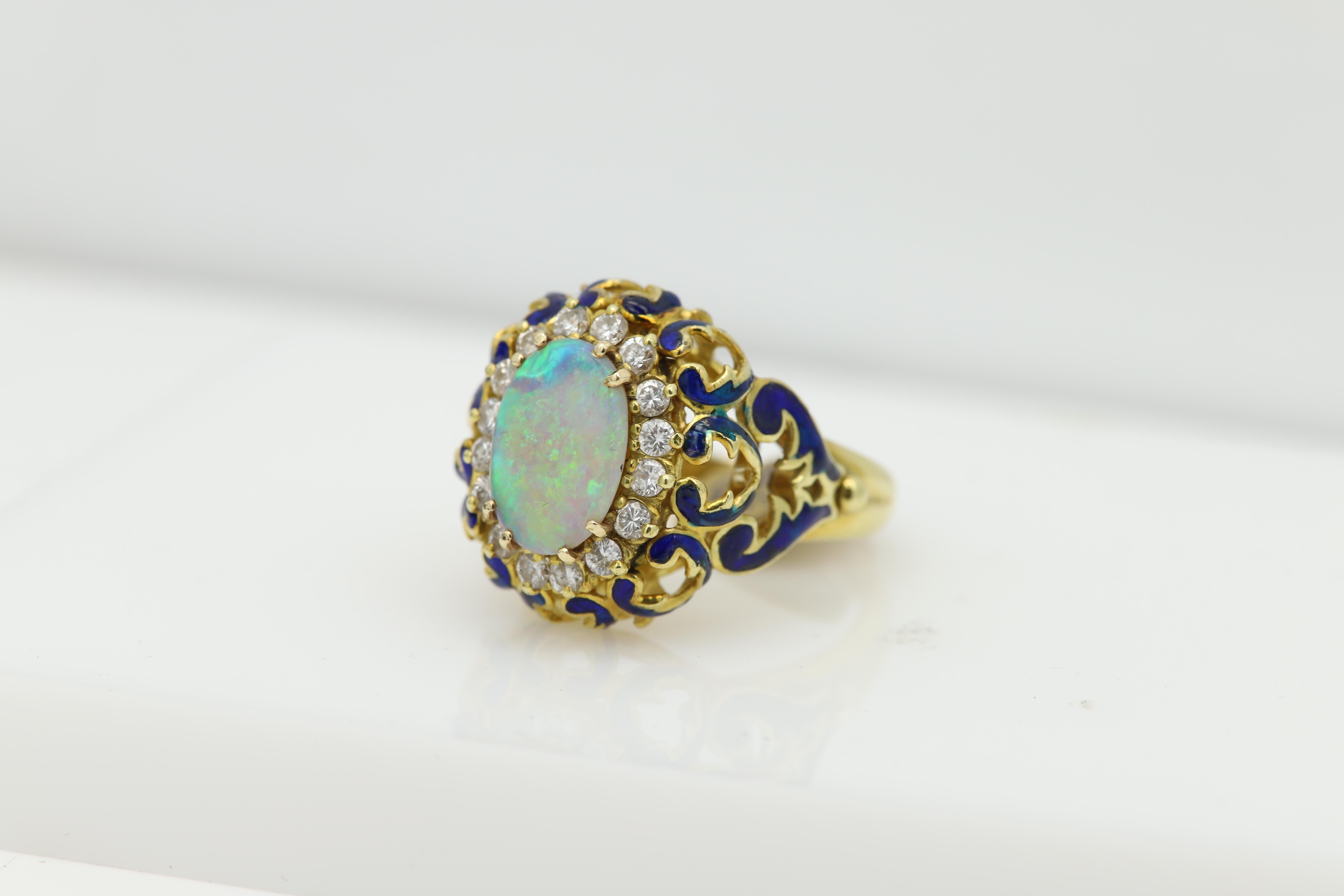 18 Karat Opal Diamonds and Enamel Vintage Ring Filigree Design Blue Enamel For Sale 2