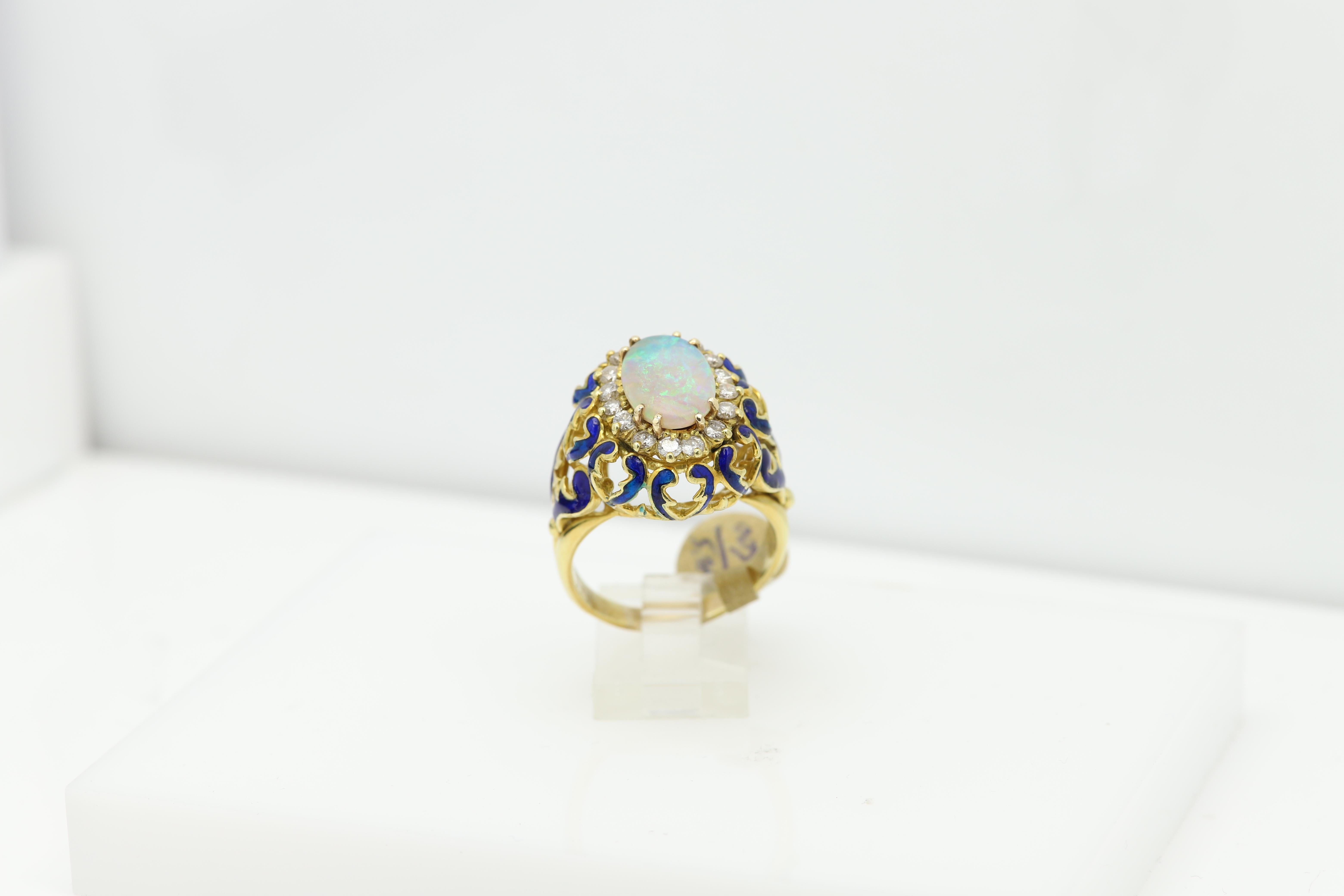 18 Karat Opal Diamonds and Enamel Vintage Ring Filigree Design Blue Enamel For Sale 3