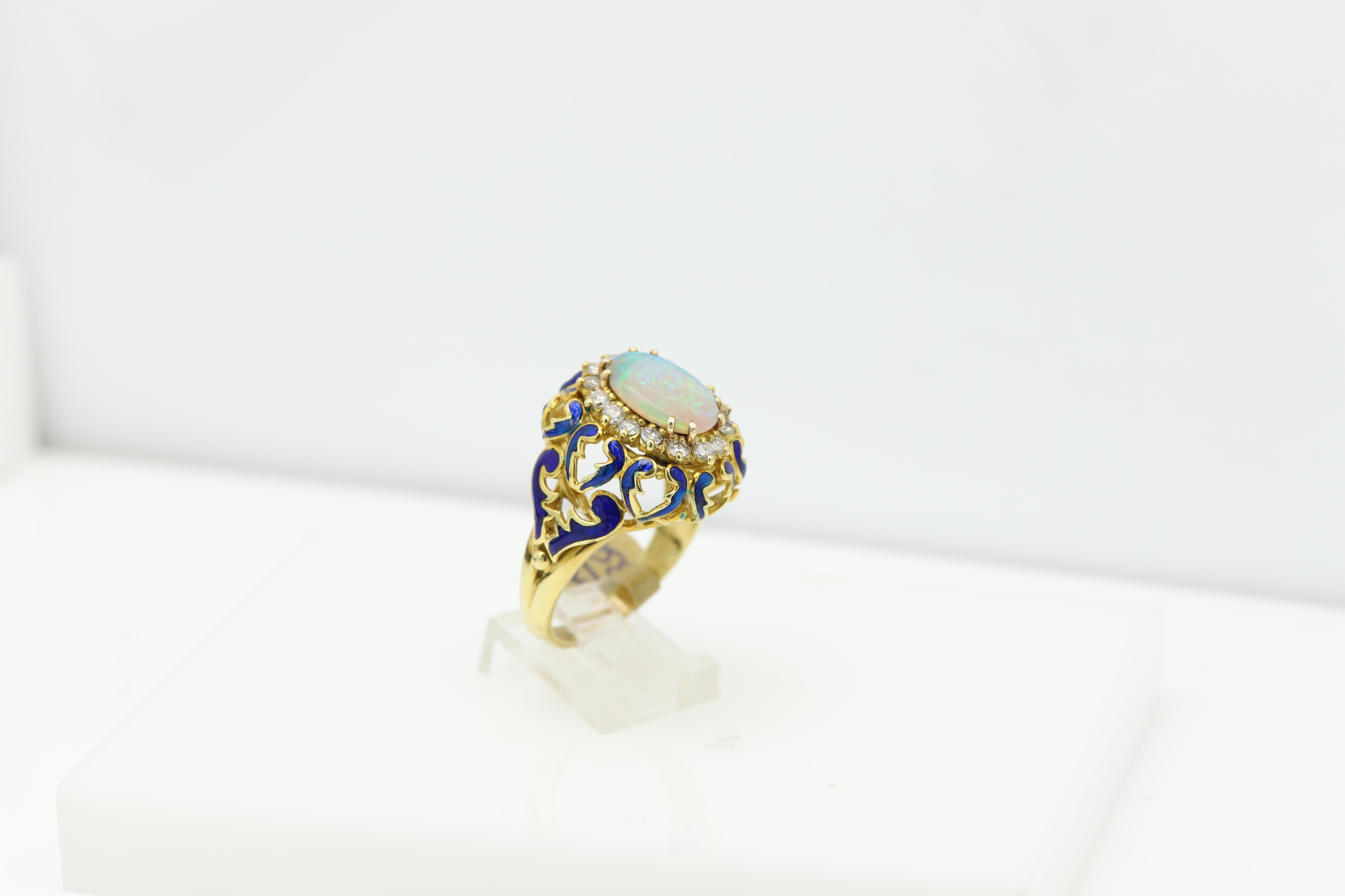 18 Karat Opal Diamonds and Enamel Vintage Ring Filigree Design Blue Enamel For Sale 4