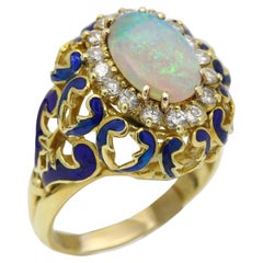 18 Karat Opal Diamonds and Enamel Vintage Ring Filigree Design Blue Enamel