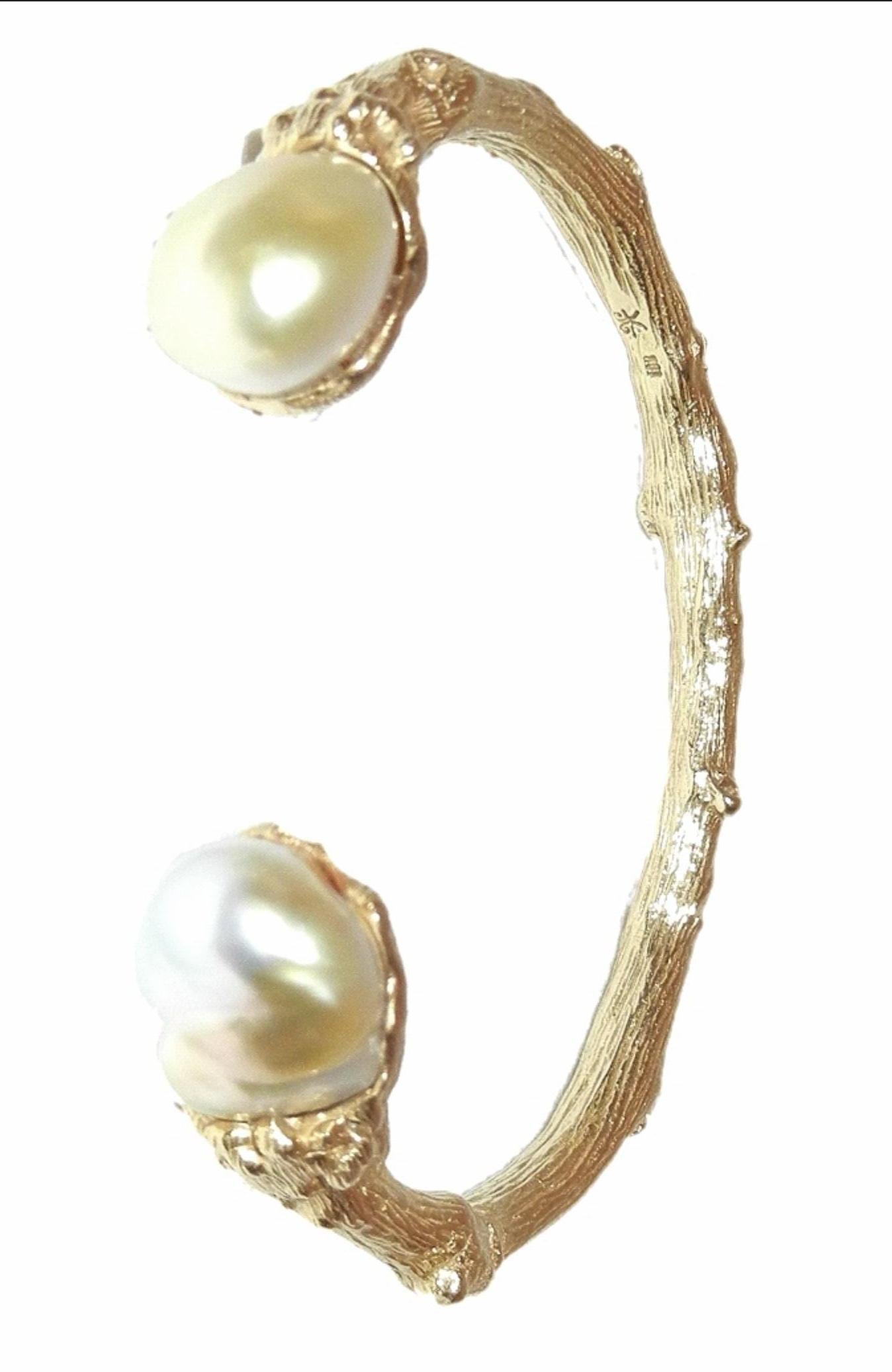 Artisan 18 Karat Open End Bangle with Two Baroque Pearls in White with Yellow Highlights For Sale