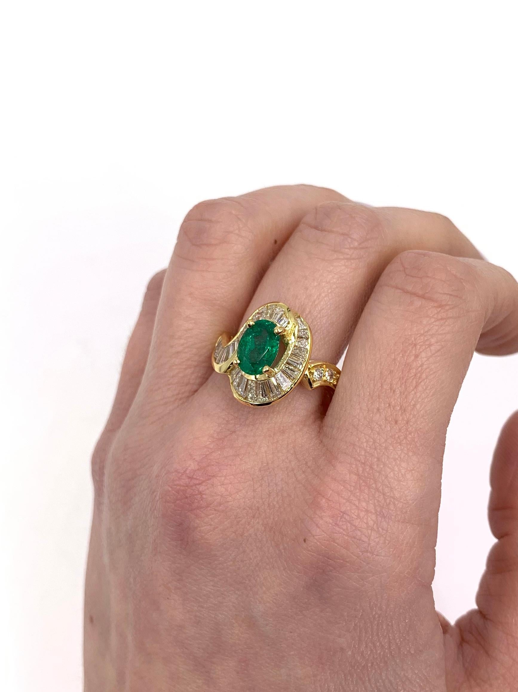 Modern 18 Karat Oval 1.22 Carat Emerald and Diamond Ring For Sale