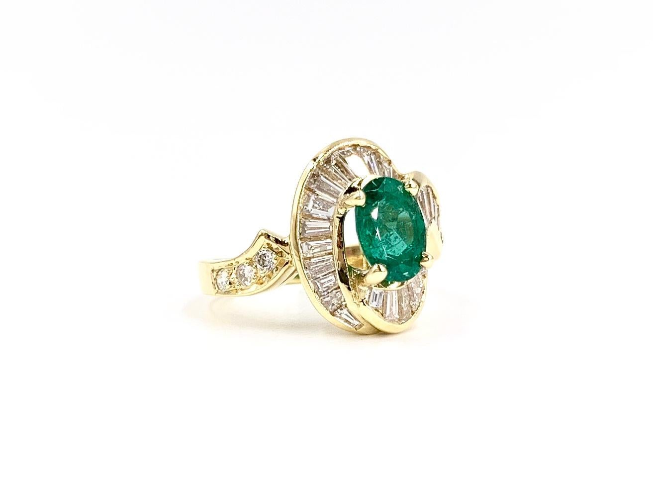 Oval Cut 18 Karat Oval 1.22 Carat Emerald and Diamond Ring For Sale