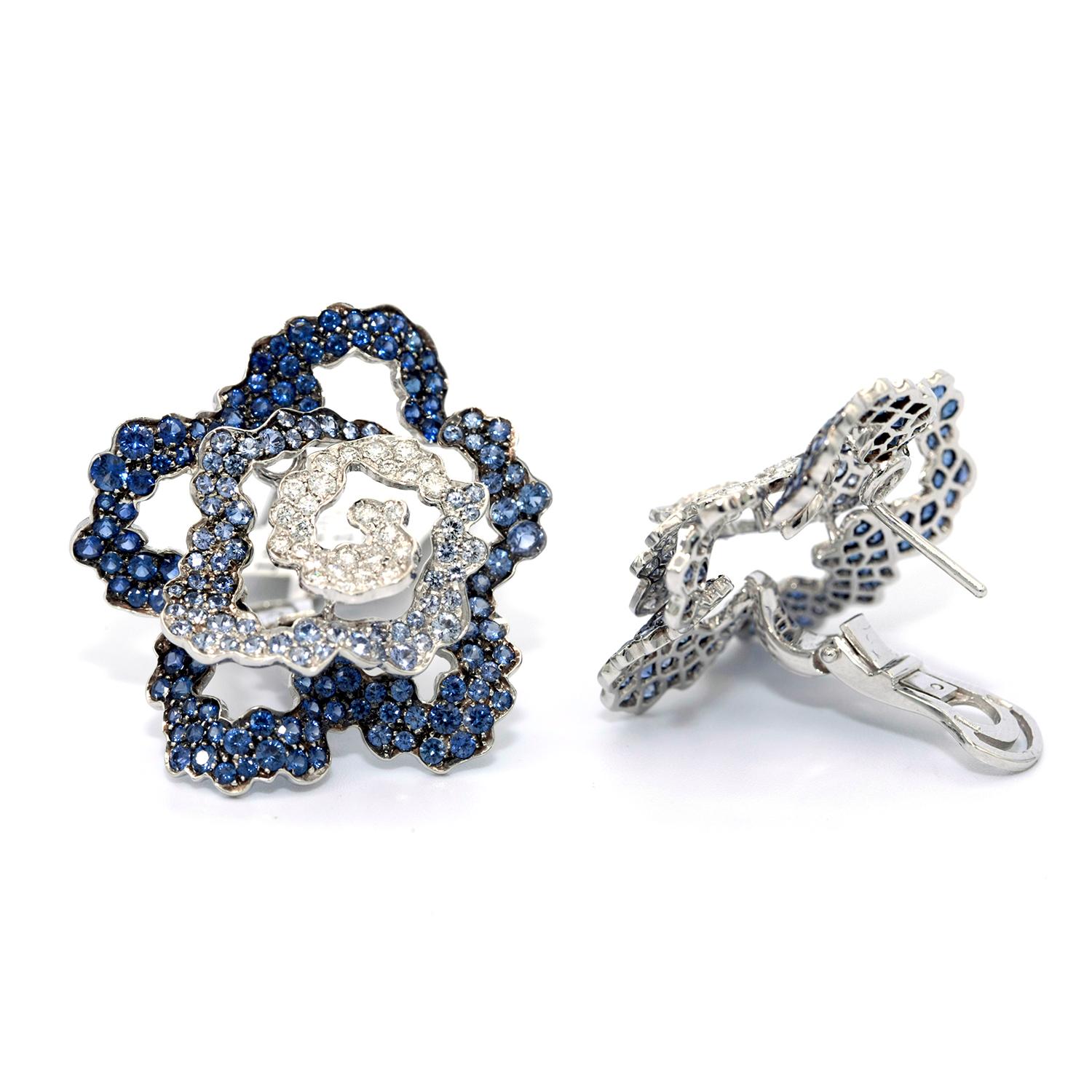 Retro 18 Karat Palmiero Diamond and Blue Sapphire Flower Earrings For Sale