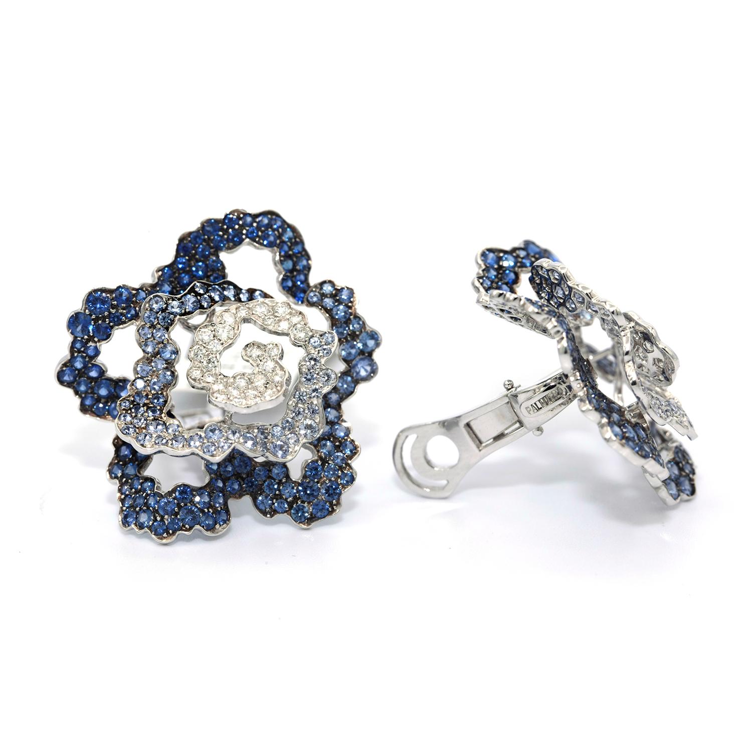 18 Karat Palmiero Diamond and Blue Sapphire Flower Earrings For Sale 1