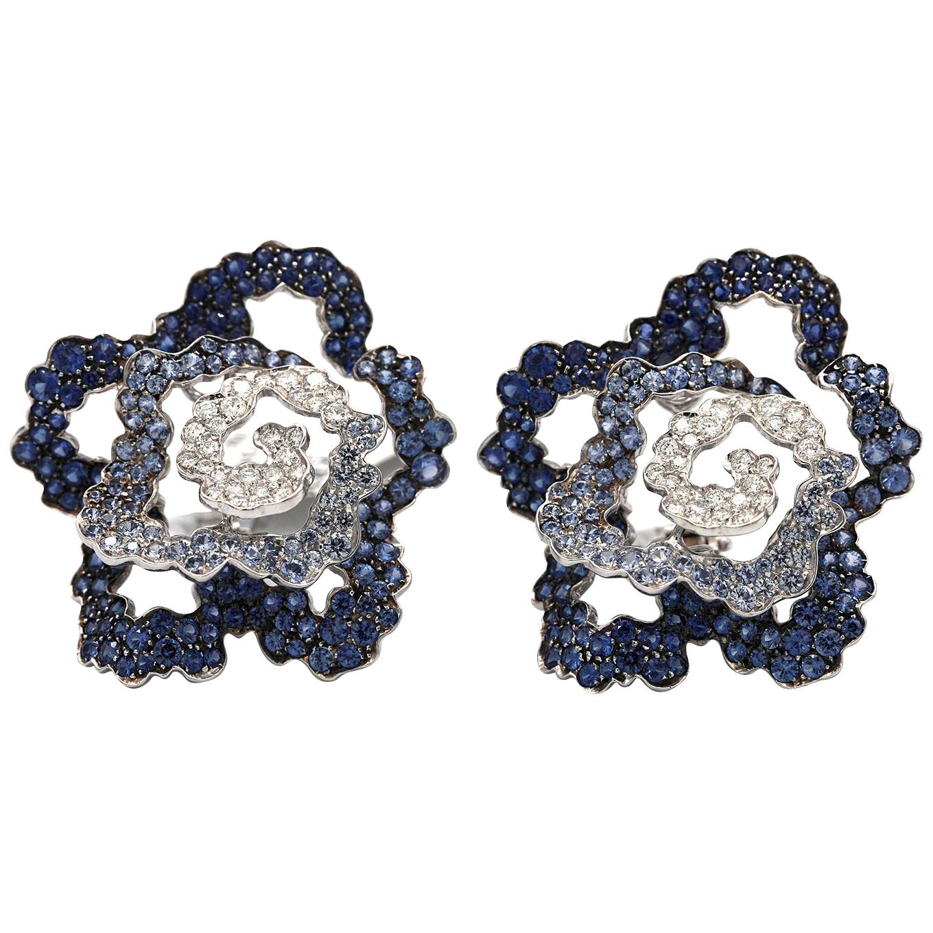 18 Karat Palmiero Diamond and Blue Sapphire Flower Earrings For Sale