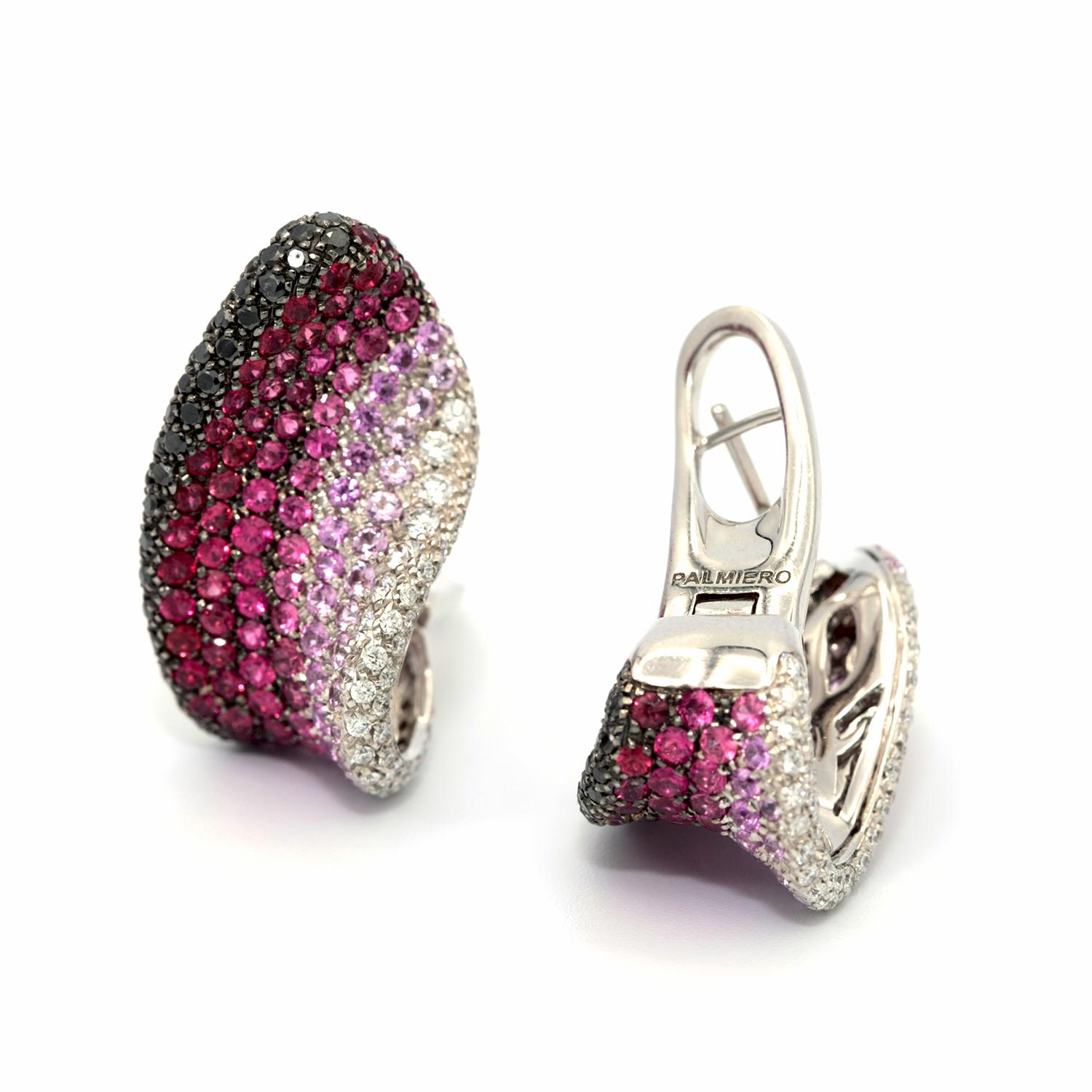 Women's or Men's 18 Karat Palmiero Diamond, Ruby and Sapphire Earrings For Sale