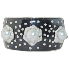 18 Karat Pearl and Diamond in Black Natural Jade Bangle Bracelet