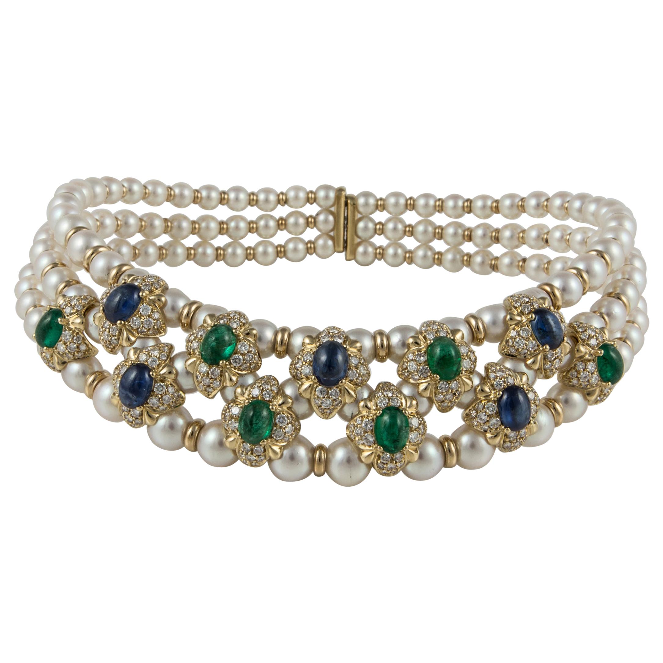 18 Karat Pearl Collar with Emeralds Sapphires Diamonds