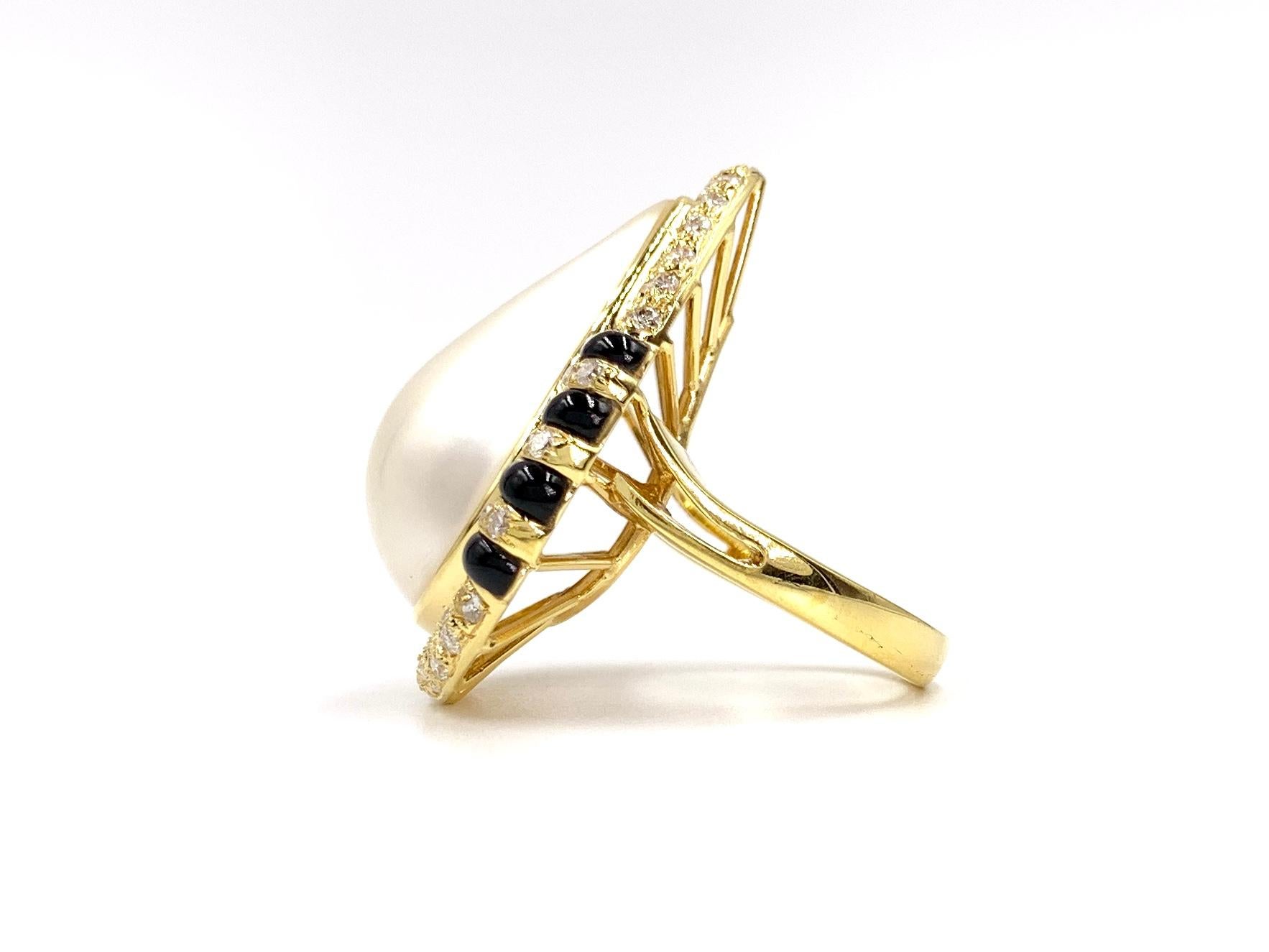 Modern 18 Karat Pearl, Diamond and Black Jade Cocktail Ring For Sale